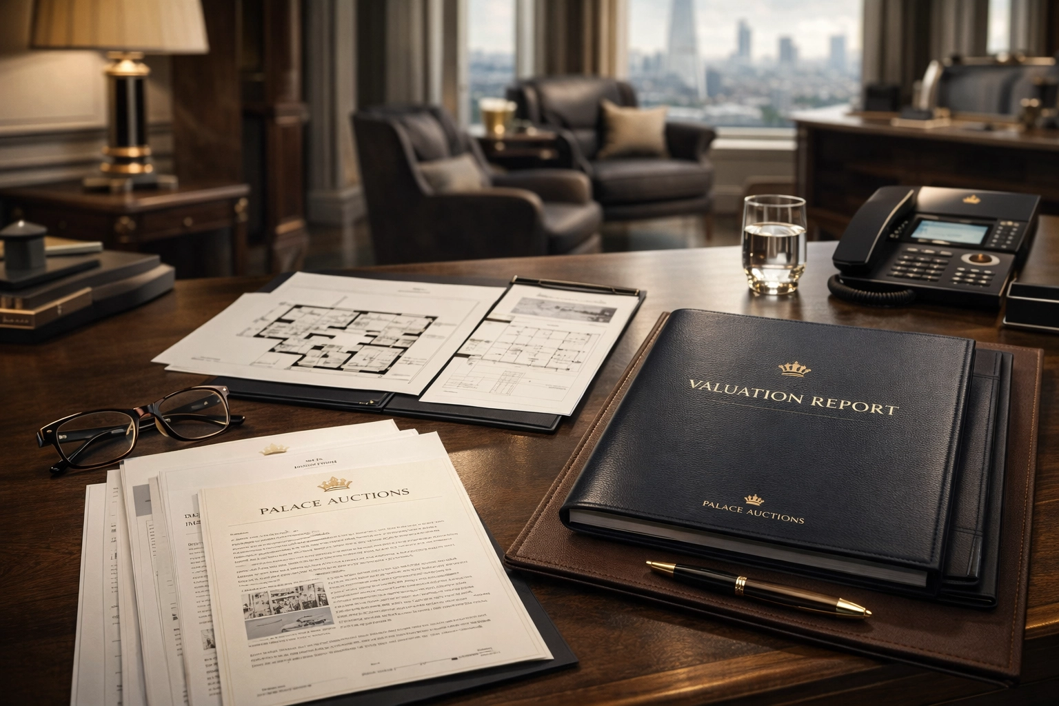 Professional high-end property valuation setting with architectural plans and premium market appraisal documents in a polished Palace Auctions style.
