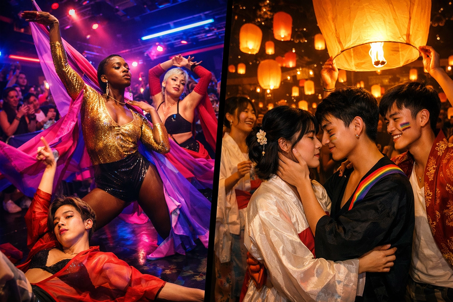 LGBTQ+ youth celebrating pride across different cultures with ballroom and traditional gatherings