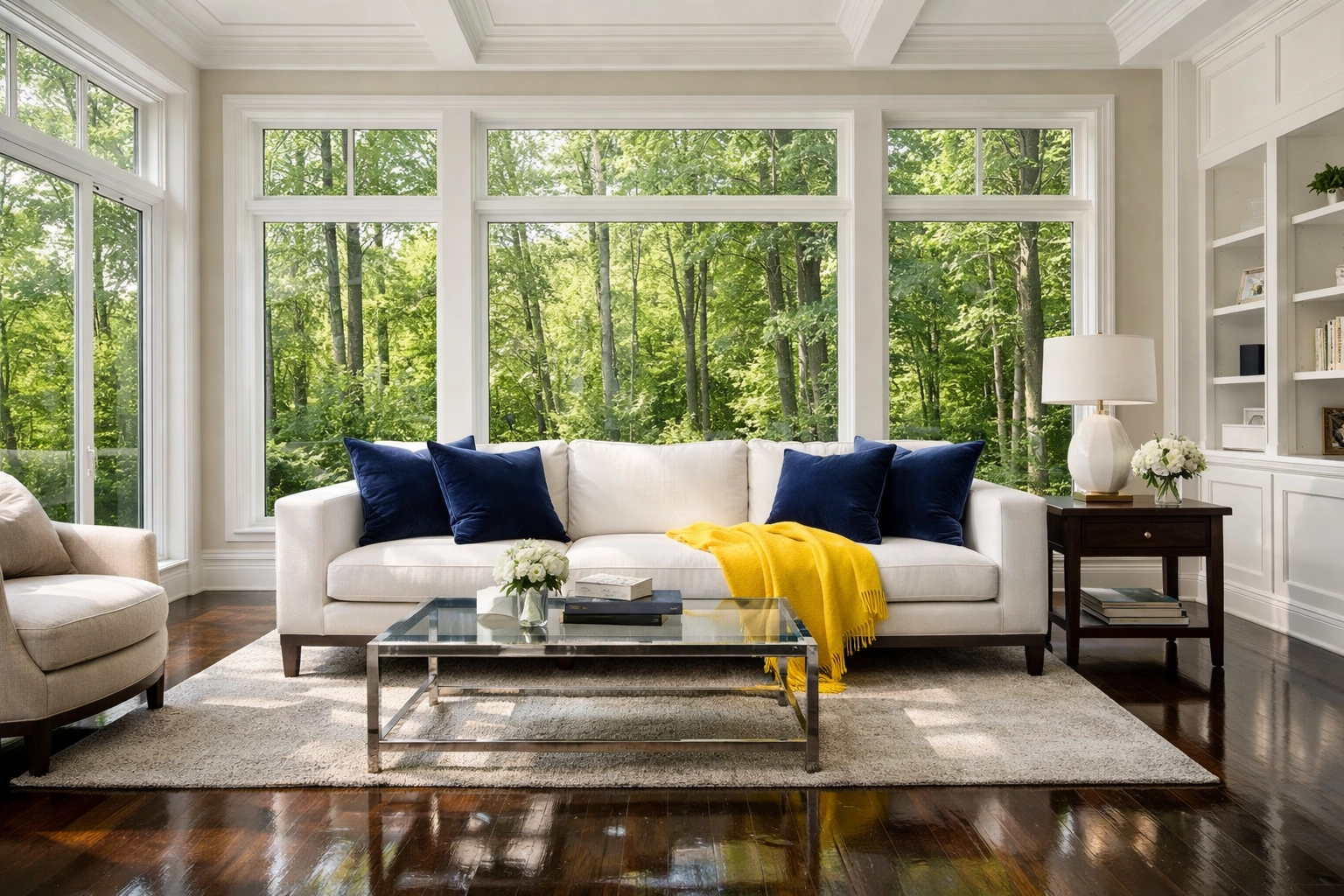 A spotless, sun-drenched living room with polished floors from expert House Cleaning Ashby MA services.