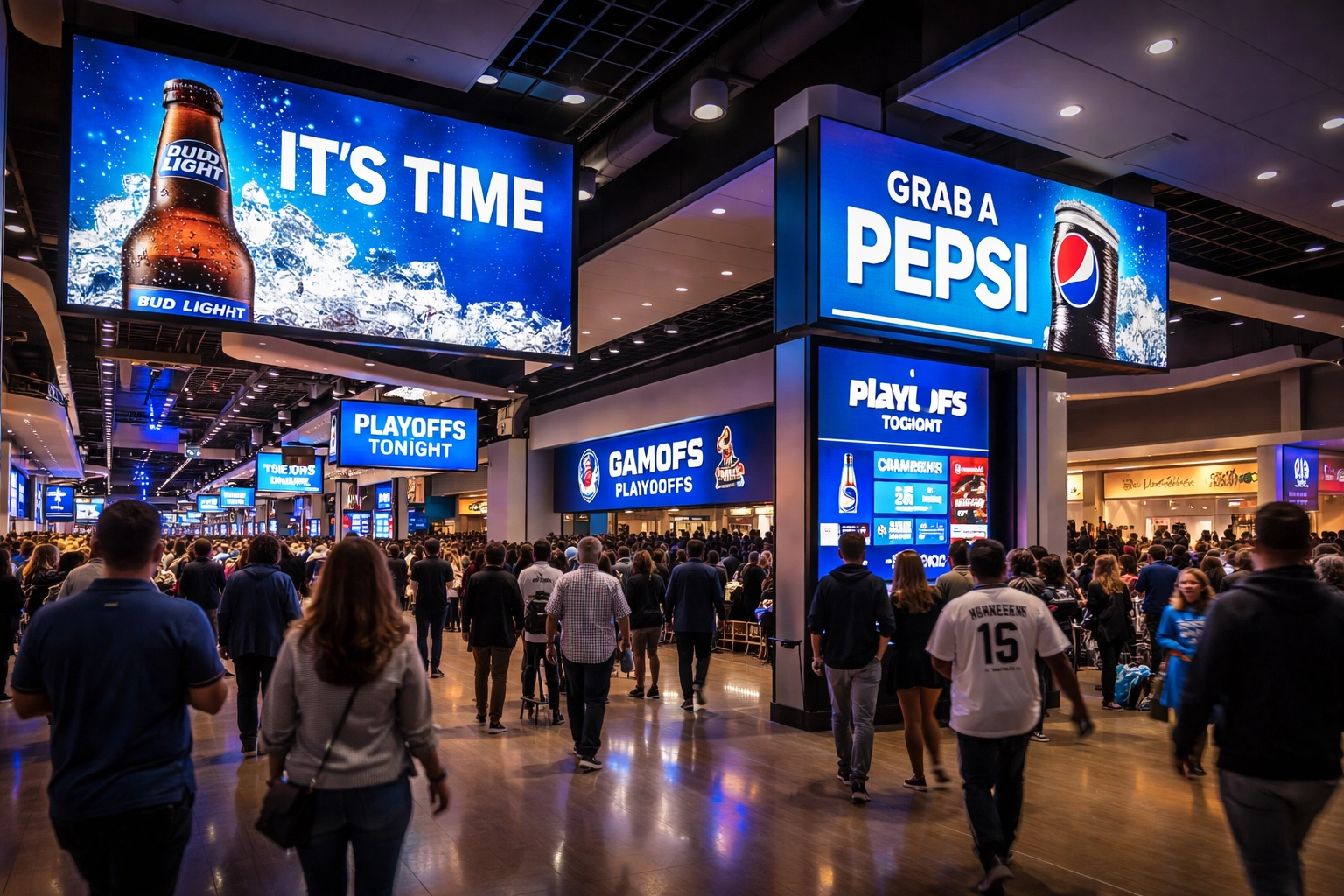 Modern sports arena showcasing digital signage displays with sponsor content and engaged event attendees