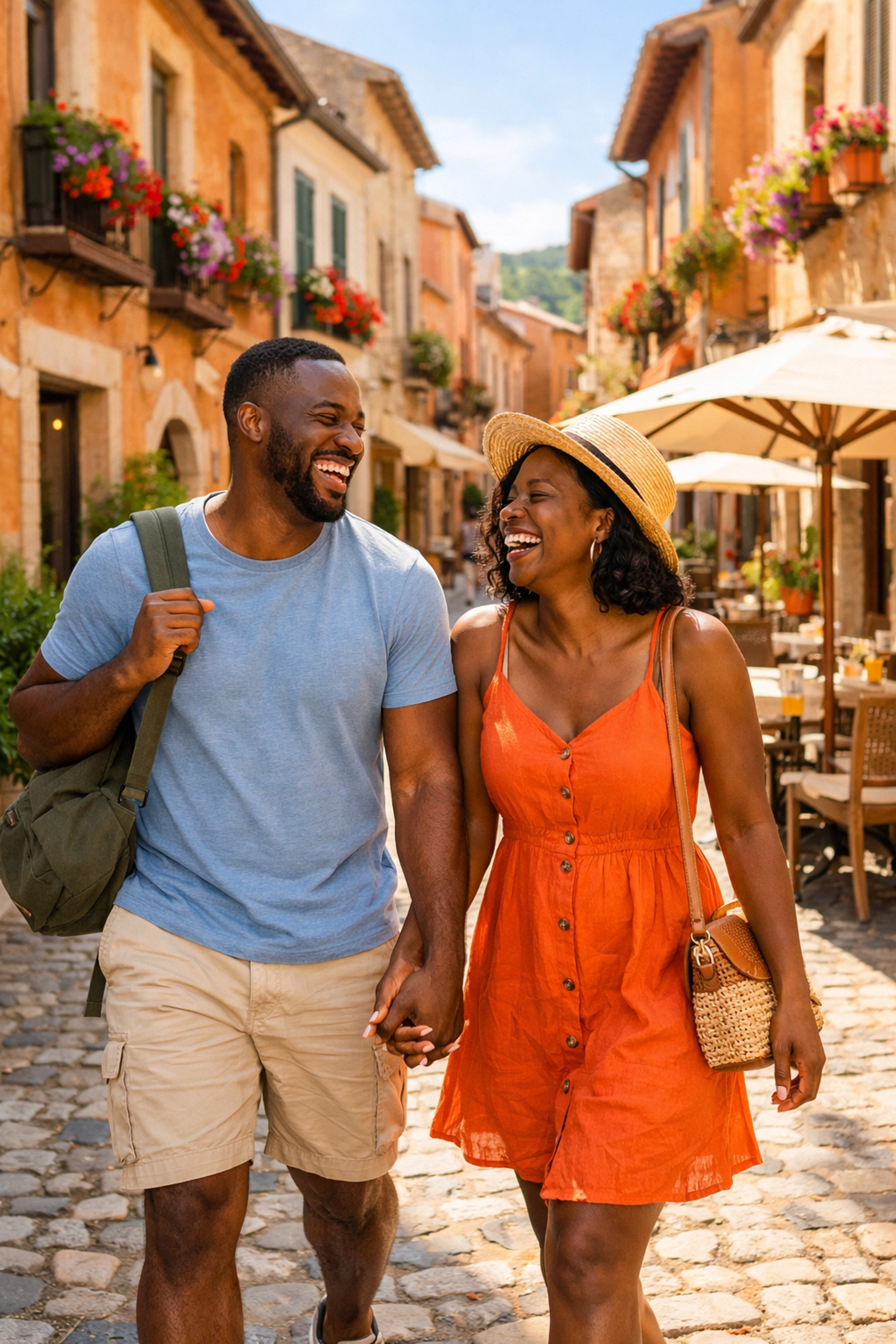 Couple enjoying early summer vacation in Europe walking through historic cobblestone streets
