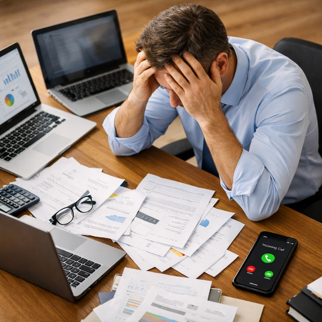 Overwhelmed business owner struggling with franchise lead follow-up