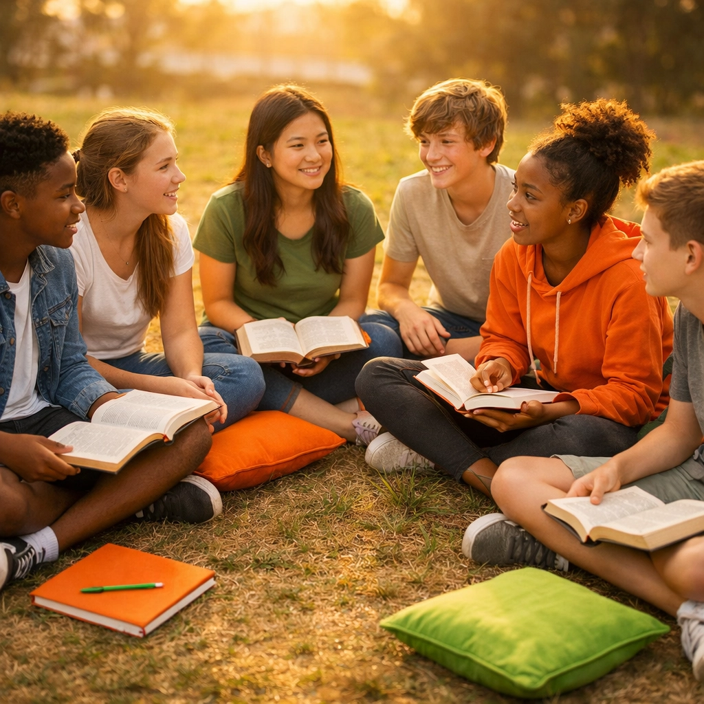 Diverse group of Christian teens studying Bible together in outdoor circle discussion