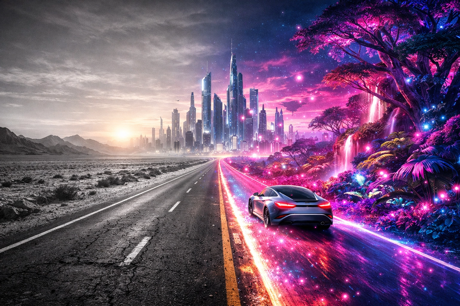 A car heading to a futuristic city, representing the leap toward becoming an AI-integrated brand.