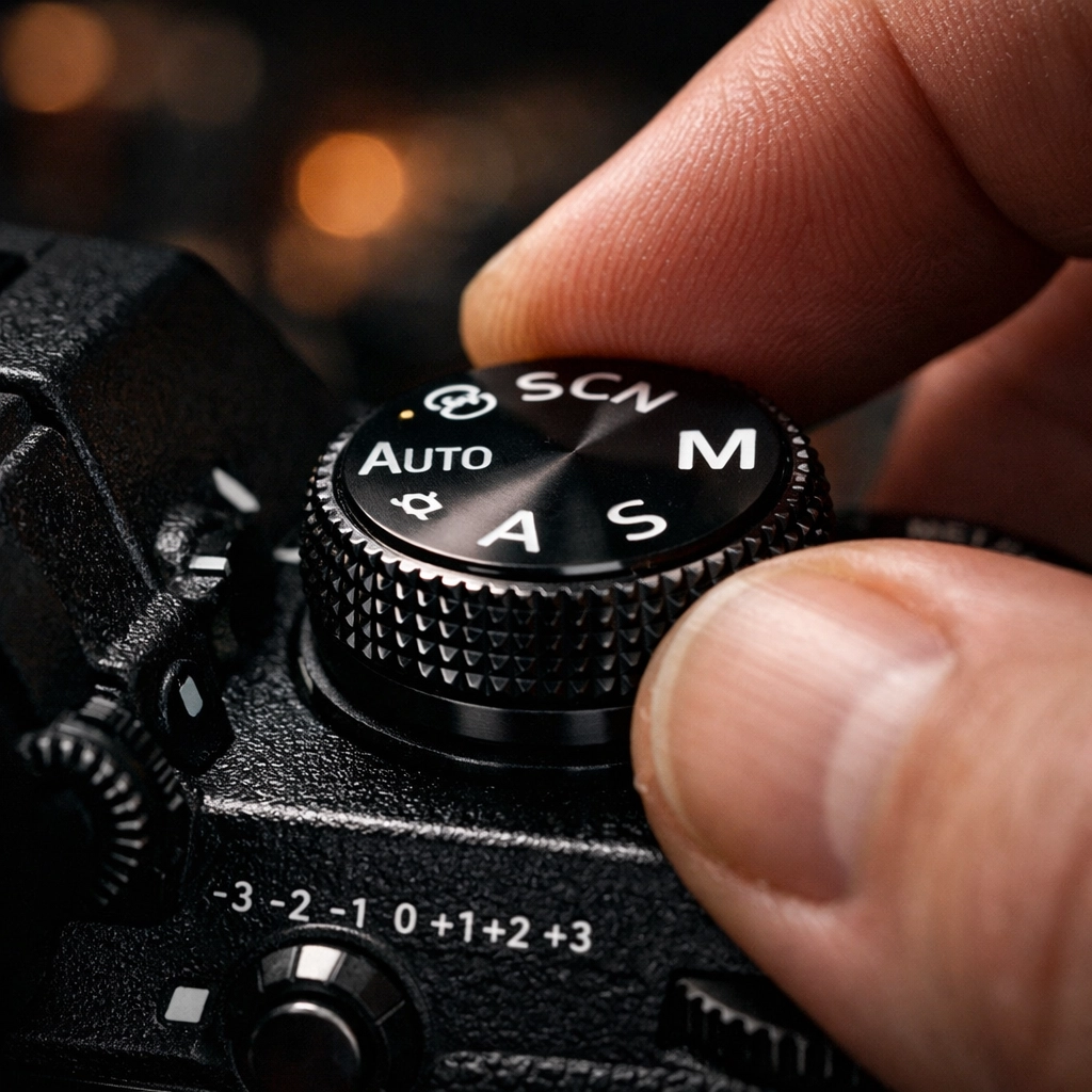 Photographer adjusting the camera dial to learn how to use manual mode camera settings.