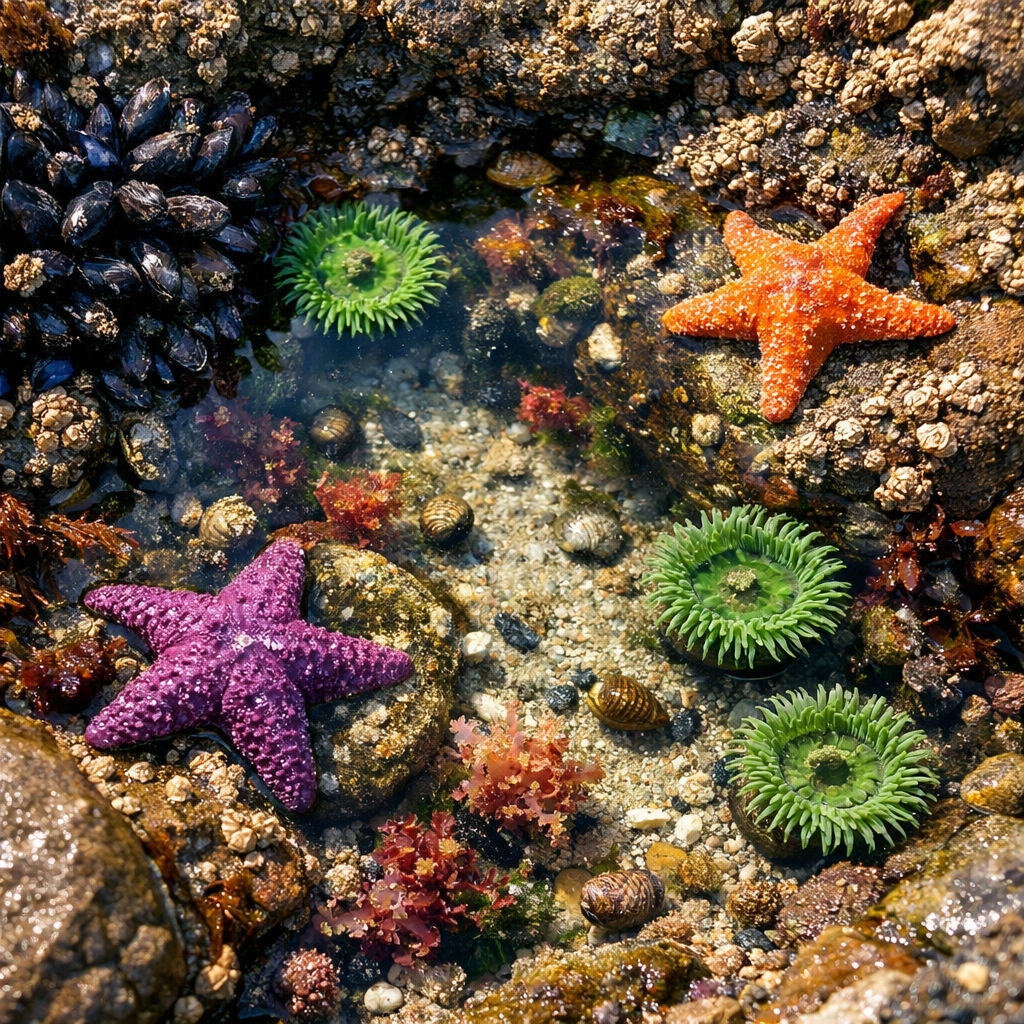 San Diego tide pool ecosystem with sea stars, anemones, and marine invertebrates