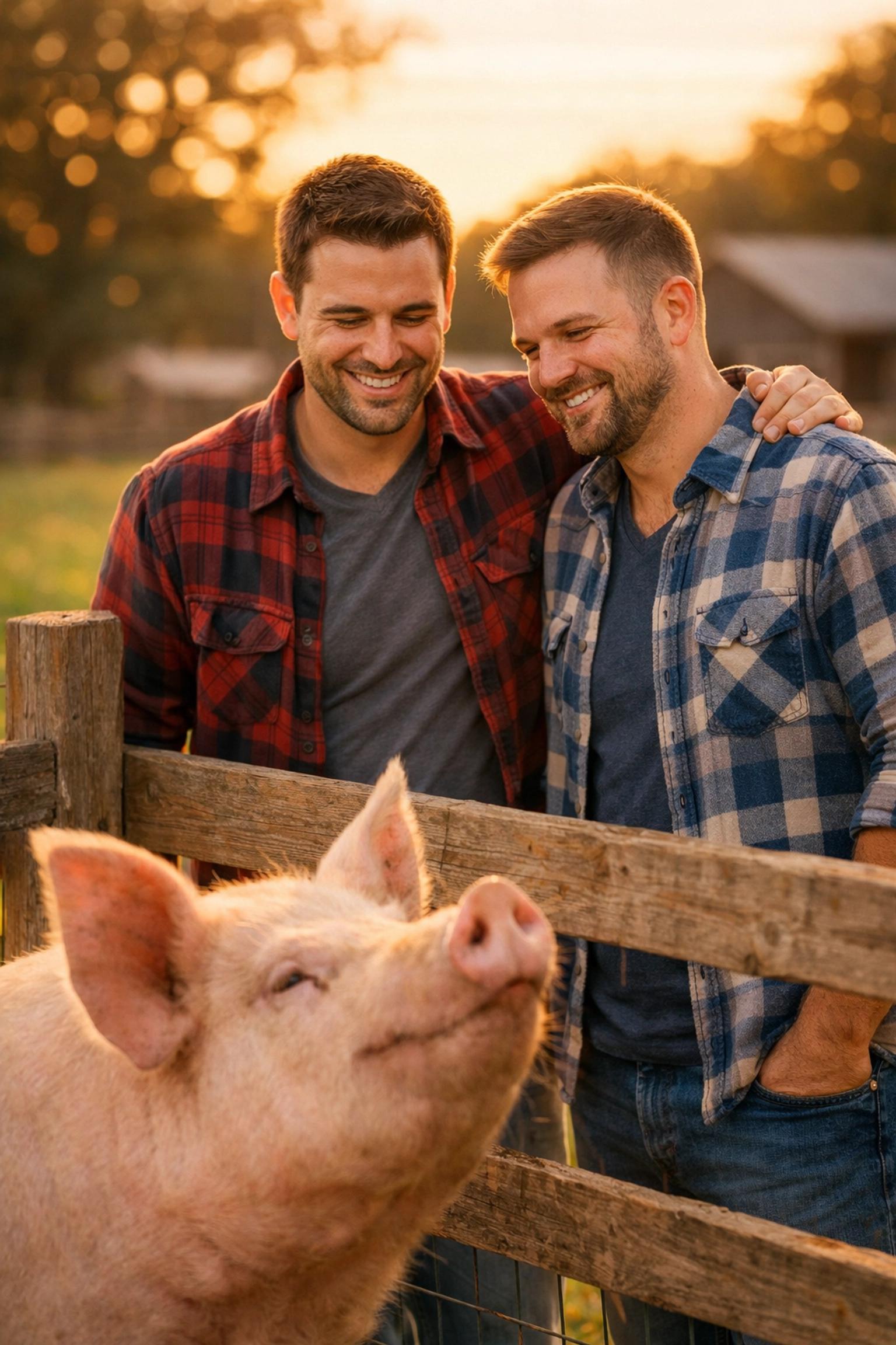 Gay couple meeting rescued pig at farm sanctuary Pride event