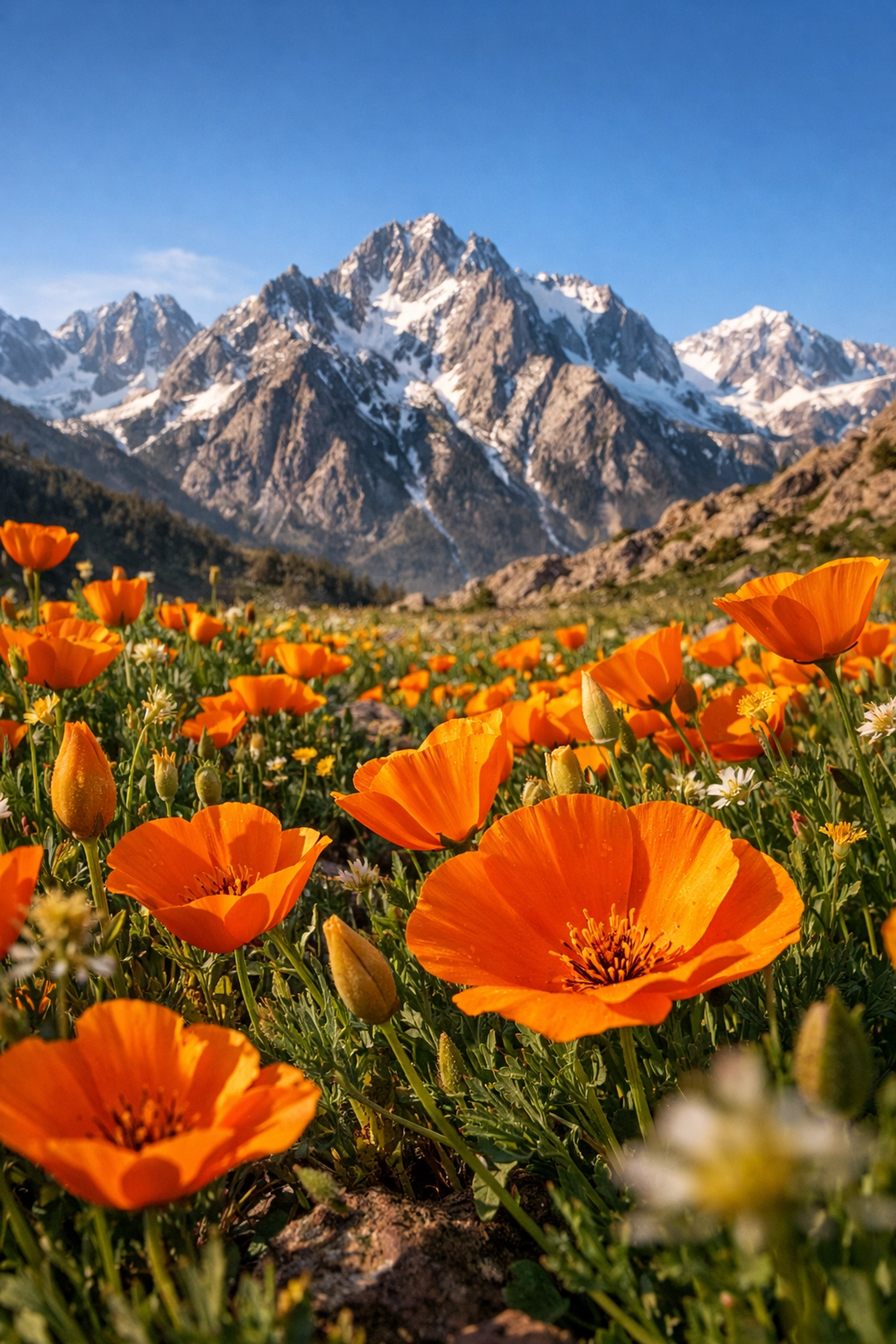 Low-angle shot of orange poppies and mountains showing foreground interest in landscape photography.