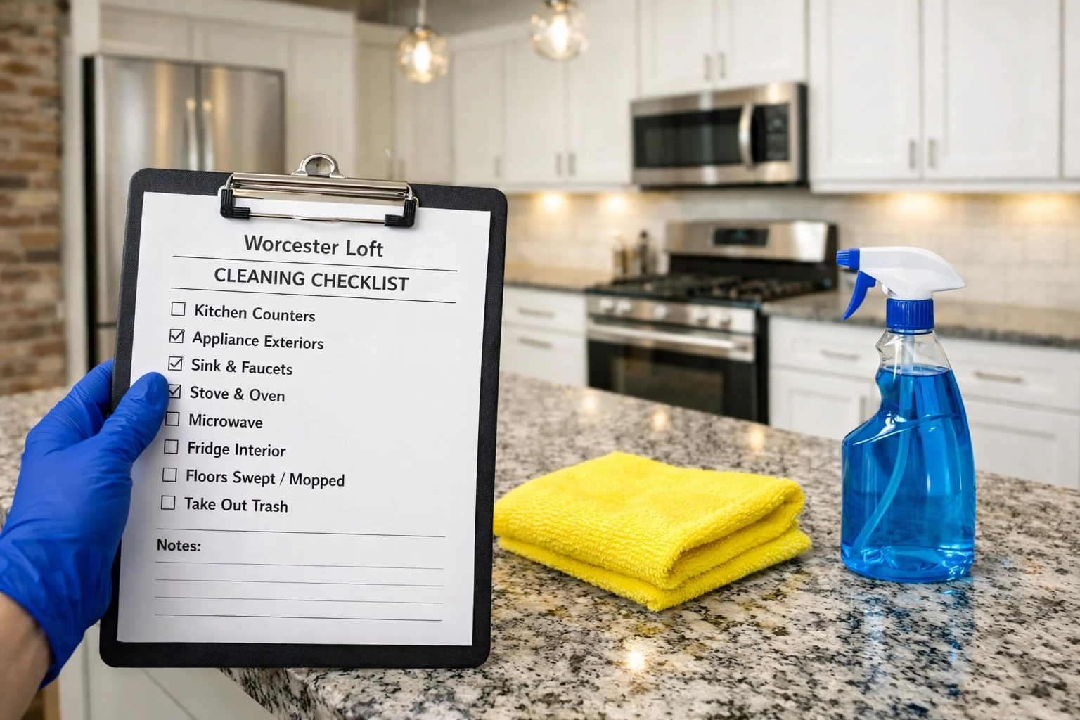 Professional move-out cleaning Worcester MA checklist in a modern kitchen with stainless steel.