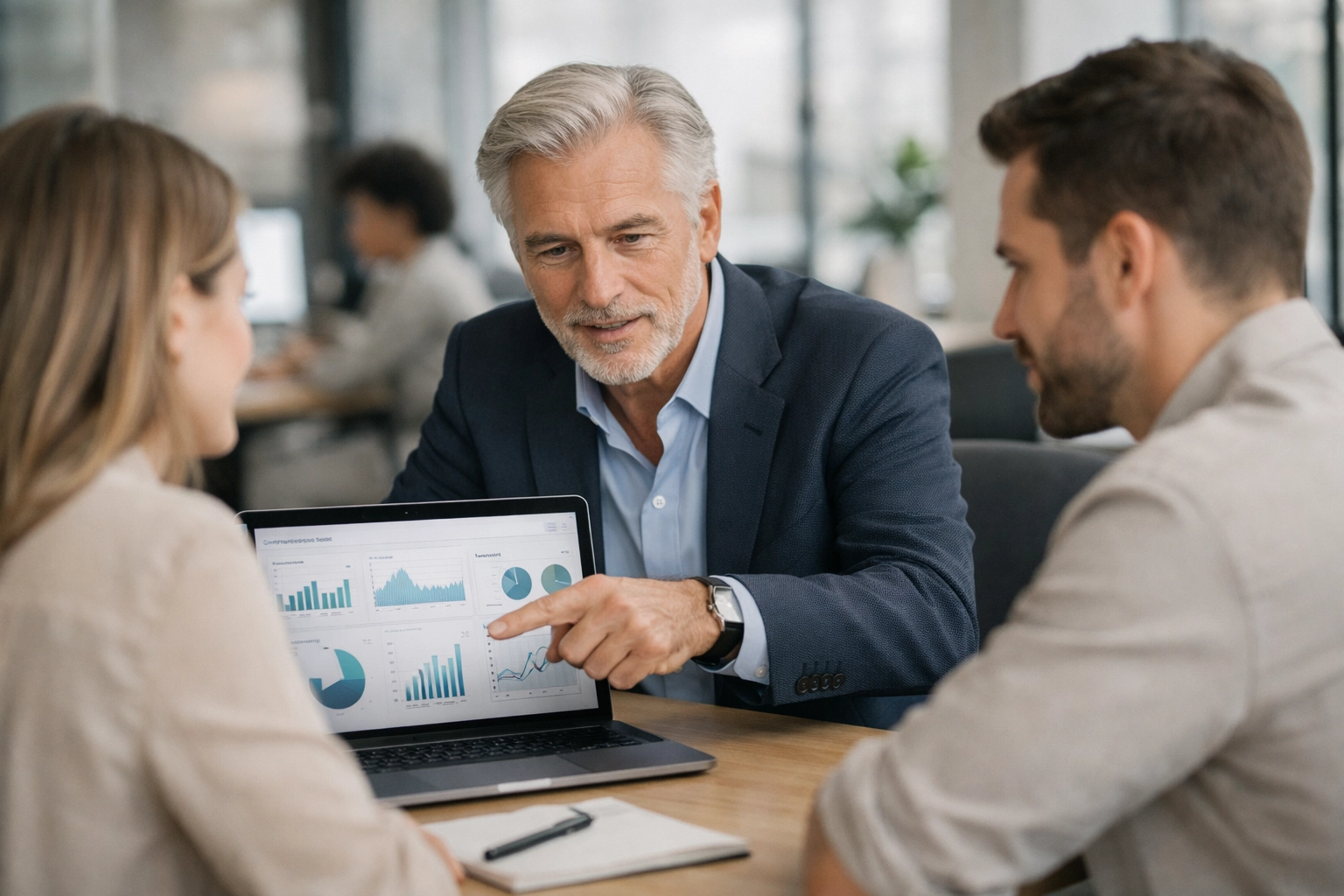 Senior marketing leader collaborating with an internal team in a modern open-plan office.