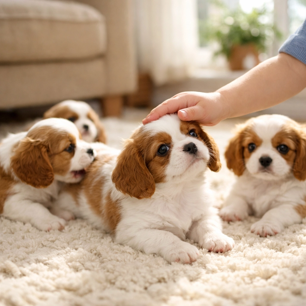 Therapy-quality Cavalier King Charles Spaniel puppies showing calm temperament during child socialization.
