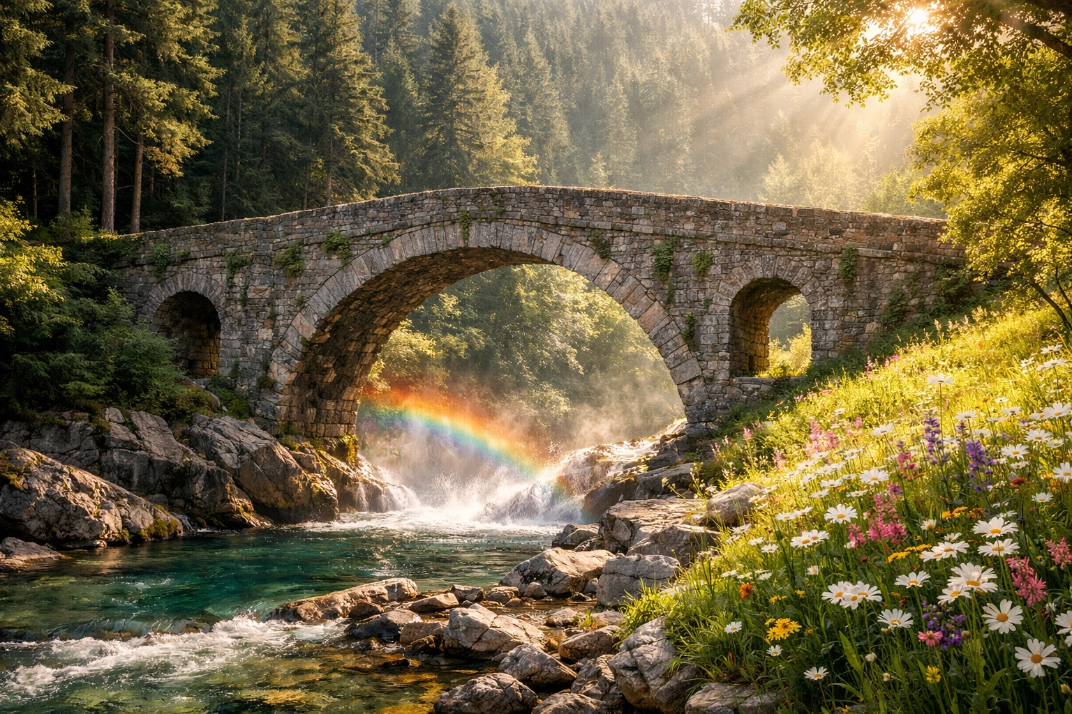 A stone bridge connecting two landscapes, representing the rainbow bridge of healing and transformation.