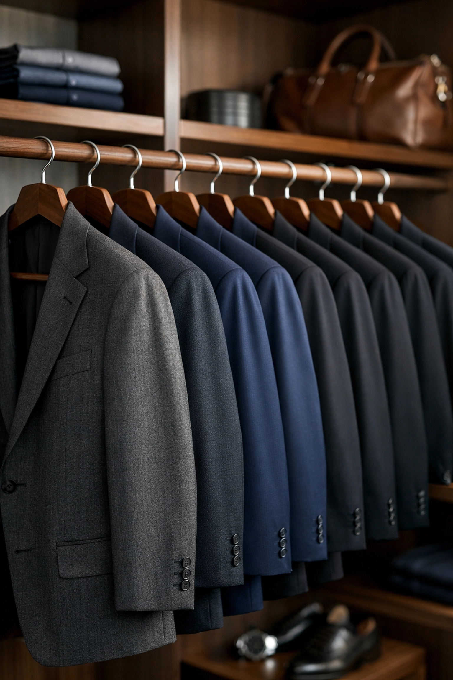 High-quality mens suits hanging in organized closet showing suit ownership benefits