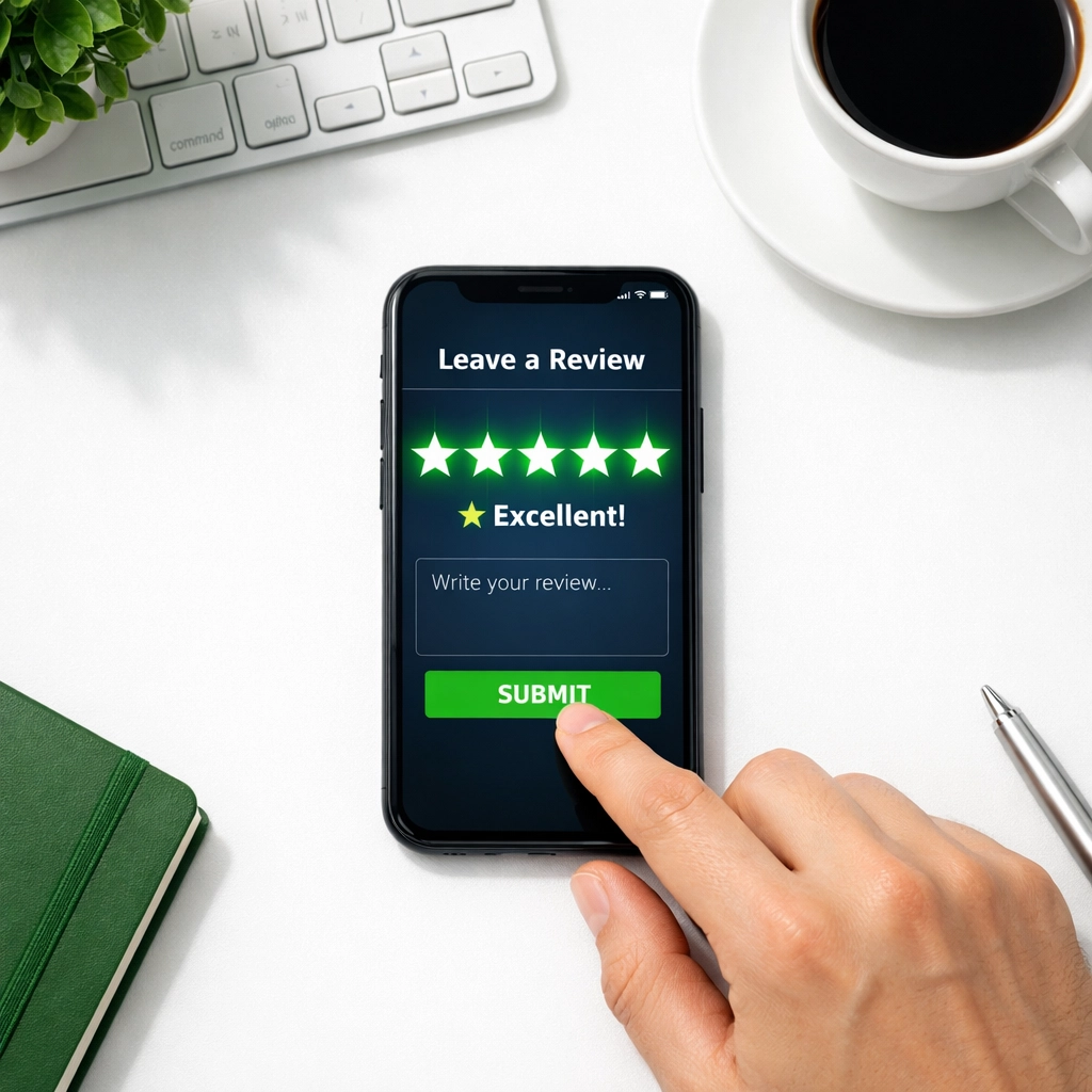 Customer leaving five-star review on smartphone for Google Business Profile