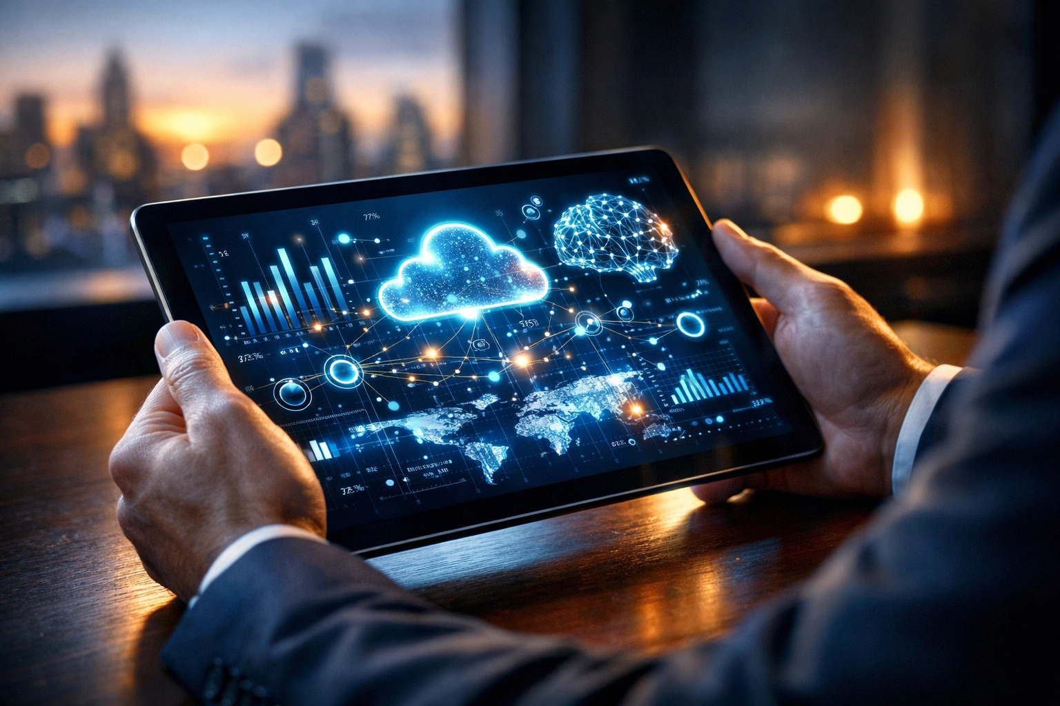 A tablet showing data visualizations of integrated cloud infrastructure and AI literacy metrics.