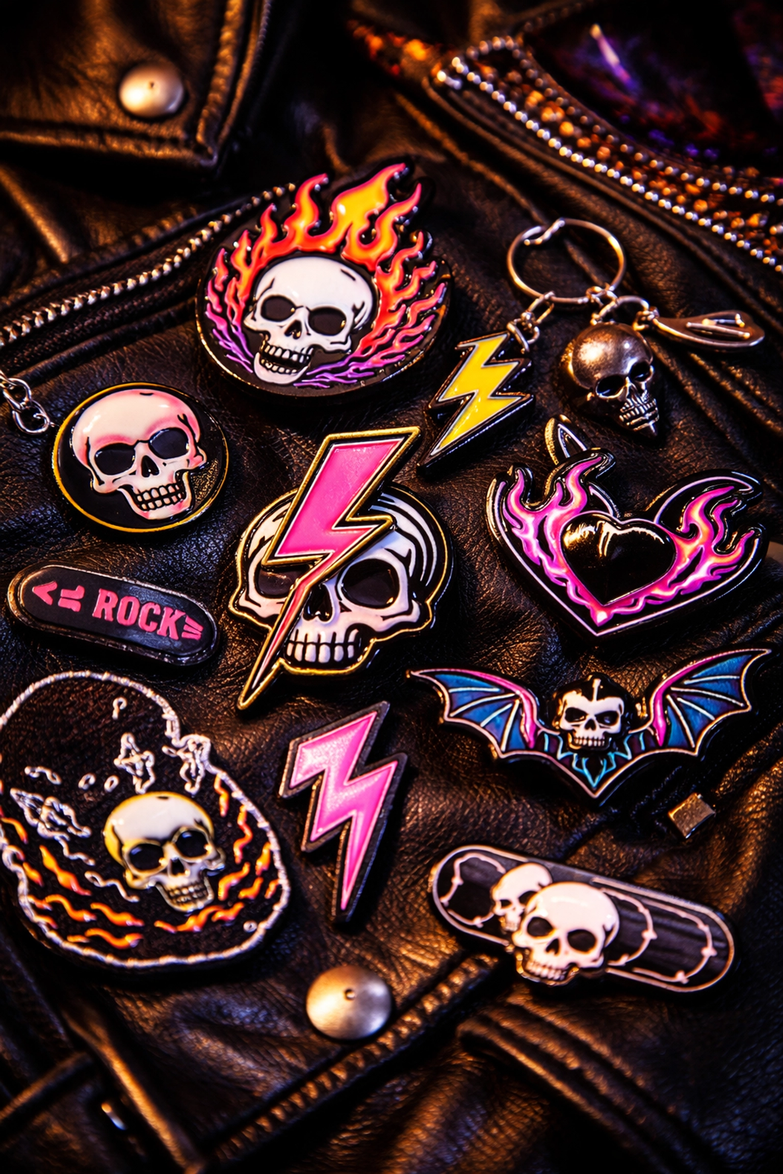 Alternative merch accessories like pins, patches, and keyrings presented on a black leather jacket for unique TV and movie themed gifts