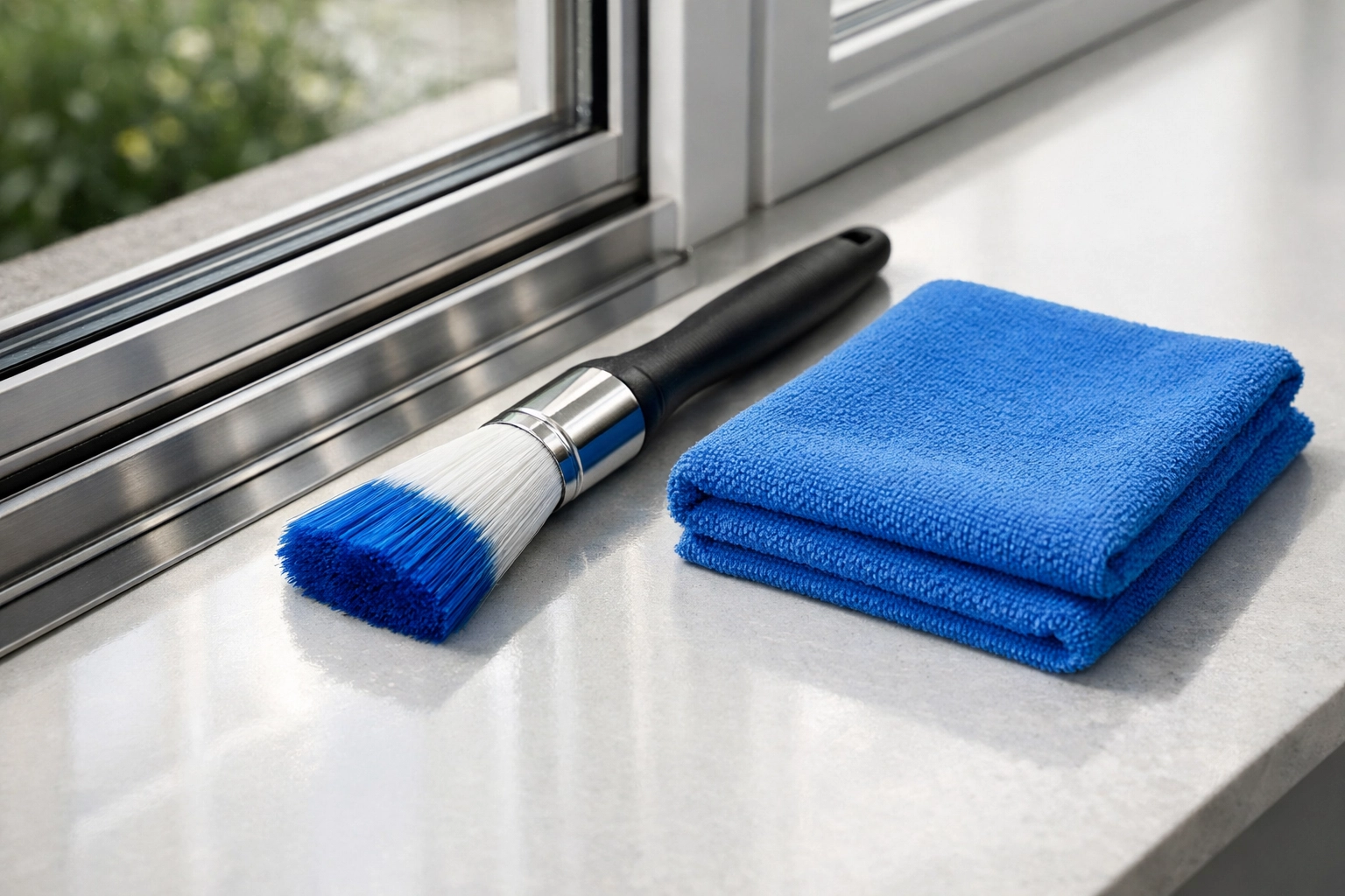 Professional window track cleaning tools including a detail brush and blue microfiber cloth.