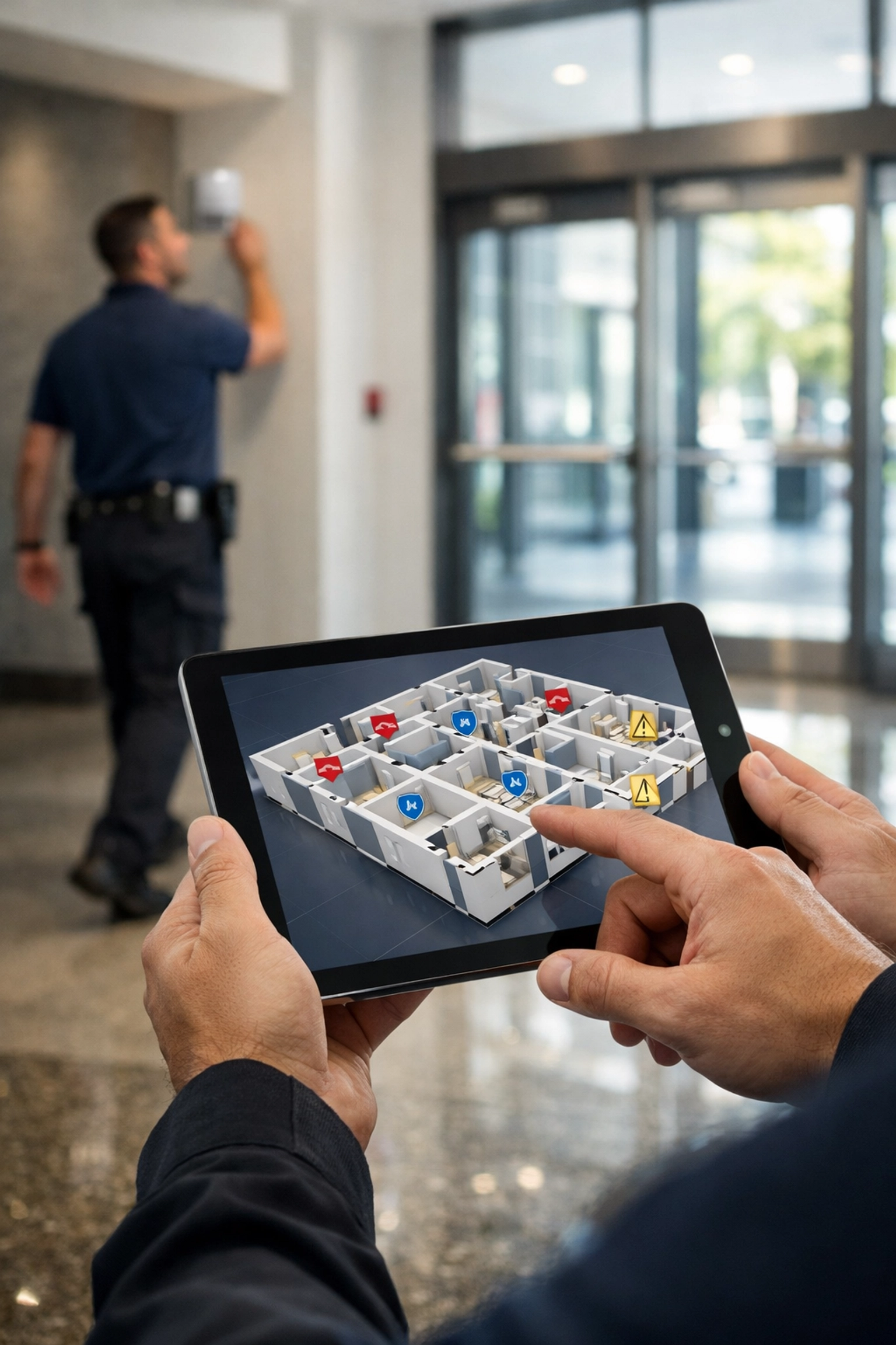 Security consultant using a tablet to conduct a bespoke risk assessment for Martyn's Law compliance.