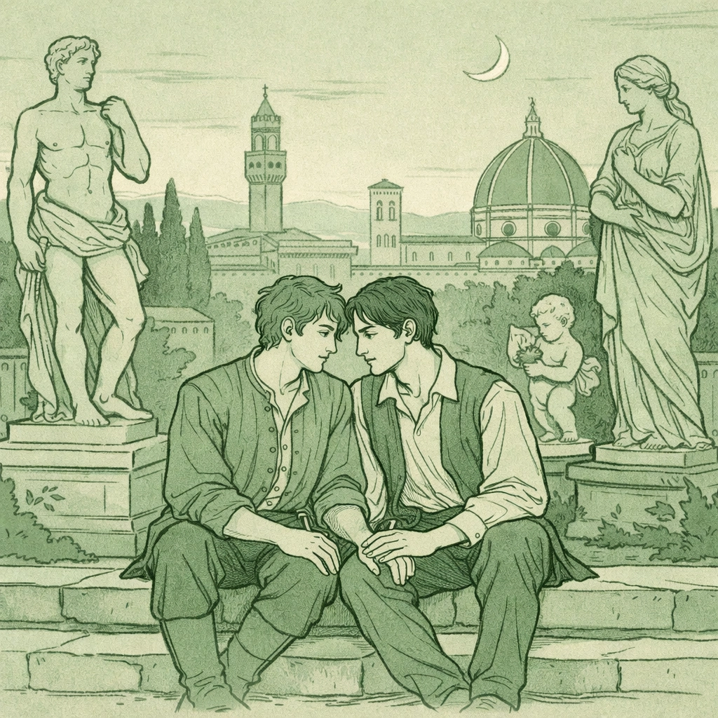 MM couple in Renaissance Florence sculpture garden at dusk - romantic gay historical fiction scene