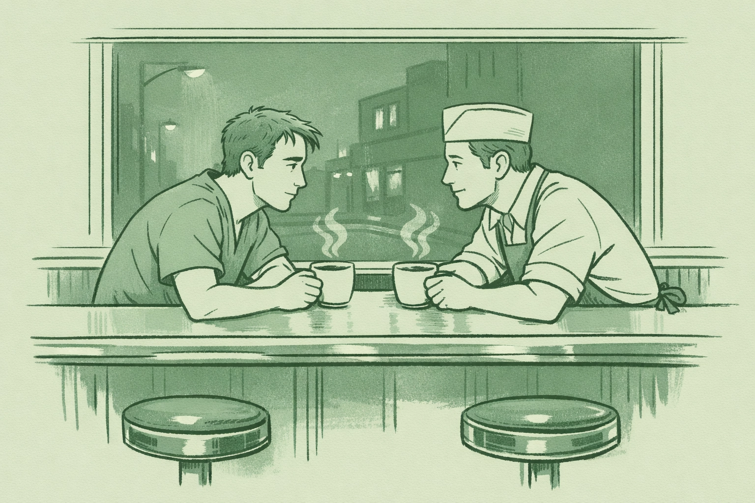 Doctor and cook sharing coffee at midnight diner in MM romance gay love story
