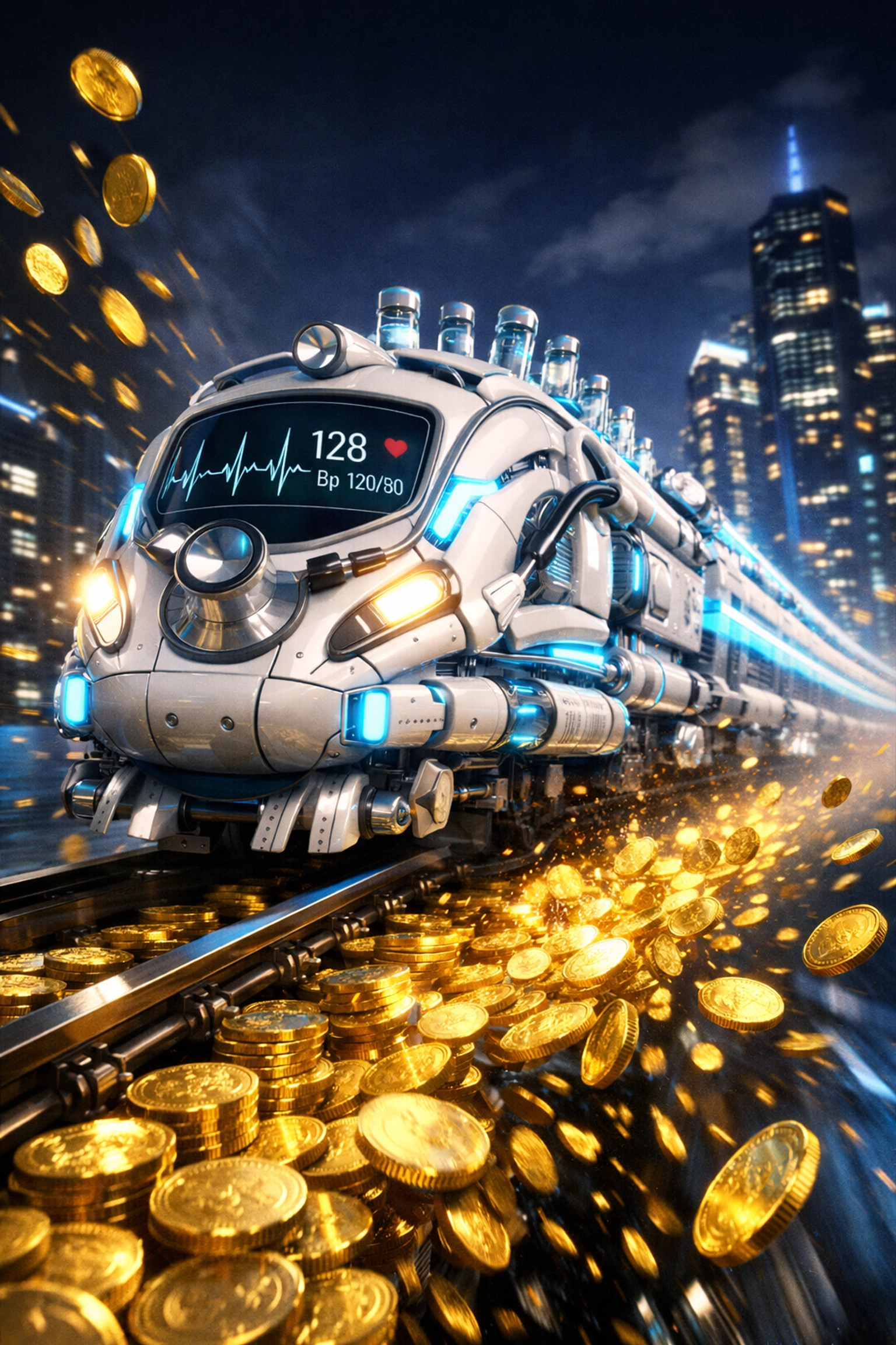 Fast train made of medical equipment on gold coins representing the surge in healthcare expenses.