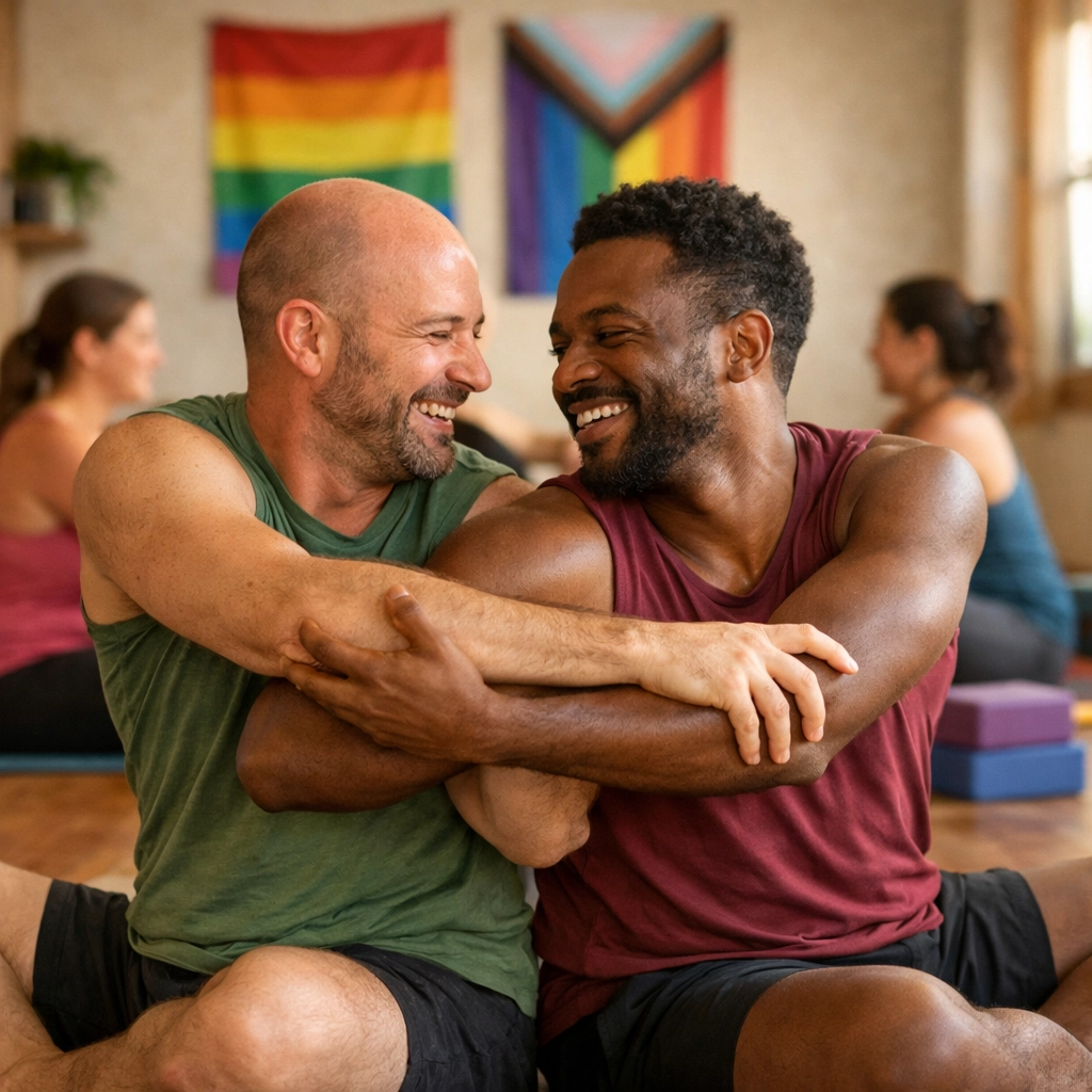 Two gay men supporting each other in partner yoga pose at LGBTQ+ affirming class