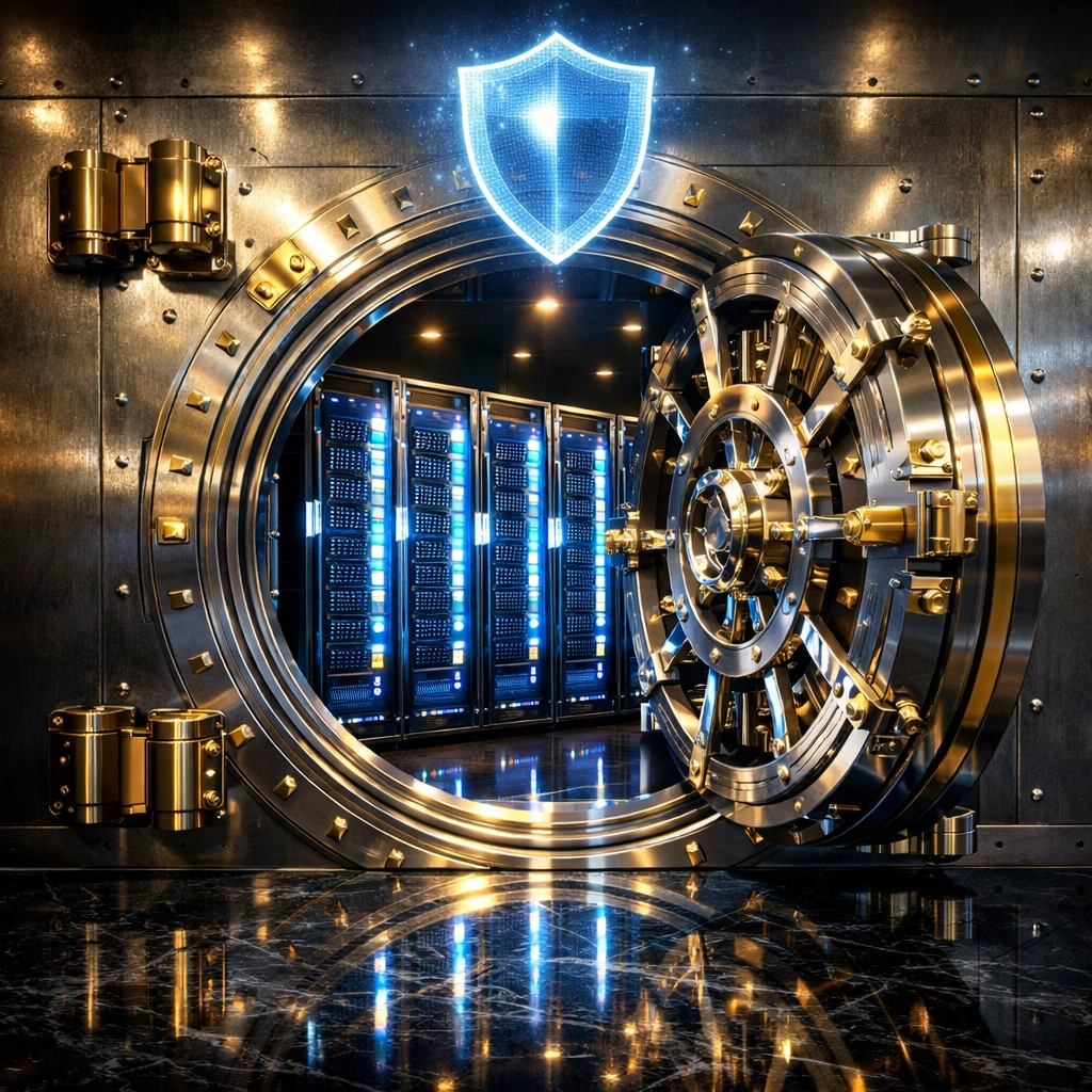 Secure bank vault protecting server hardware to represent data security and sovereign cloud privacy.