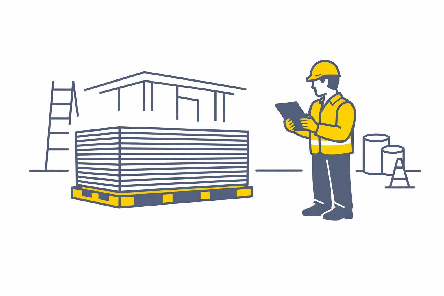 Construction worker in PPE checking plasterboard delivery against purchase order