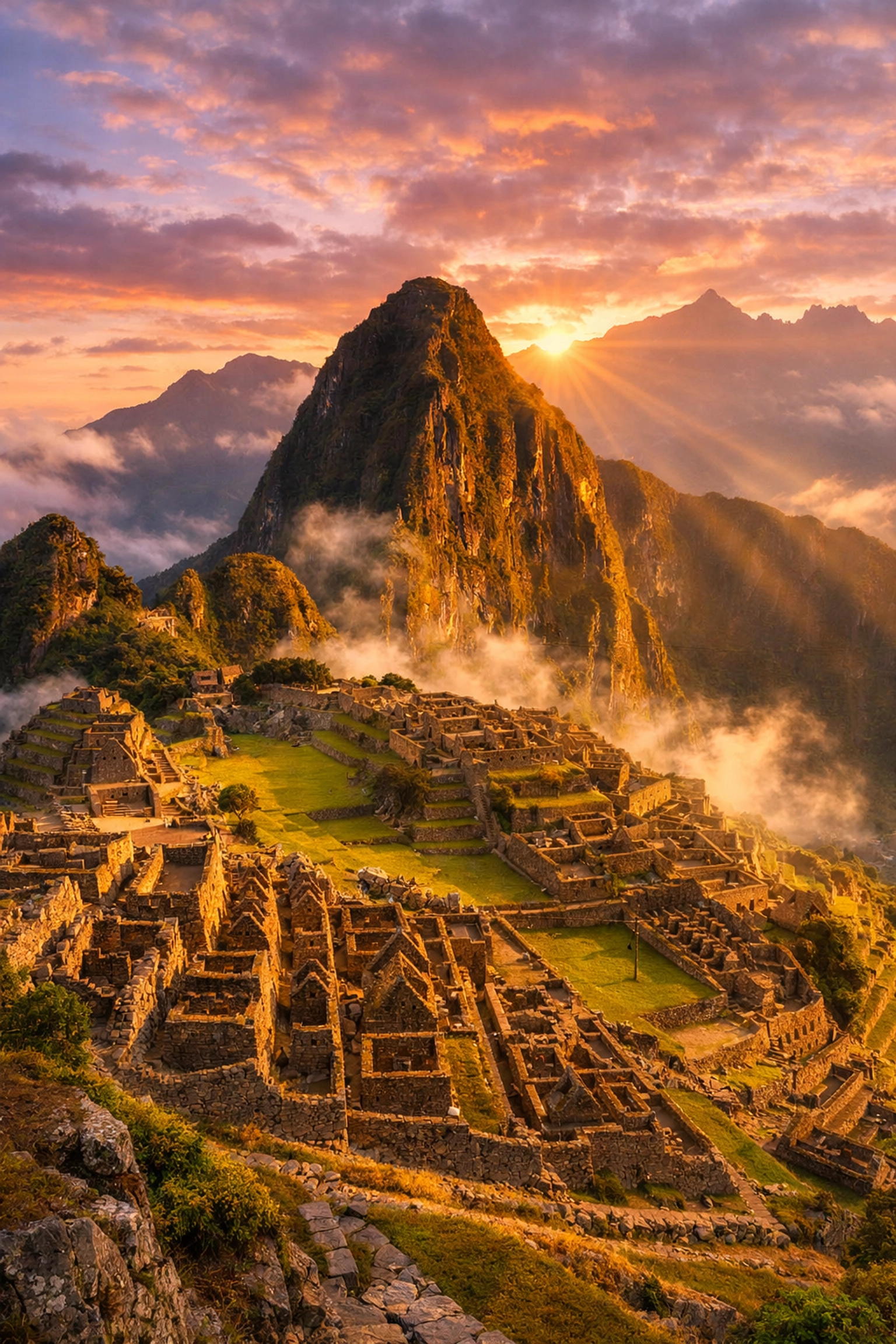 Machu Picchu at sunrise from Guardian's House viewpoint showing citadel for early morning student visit
