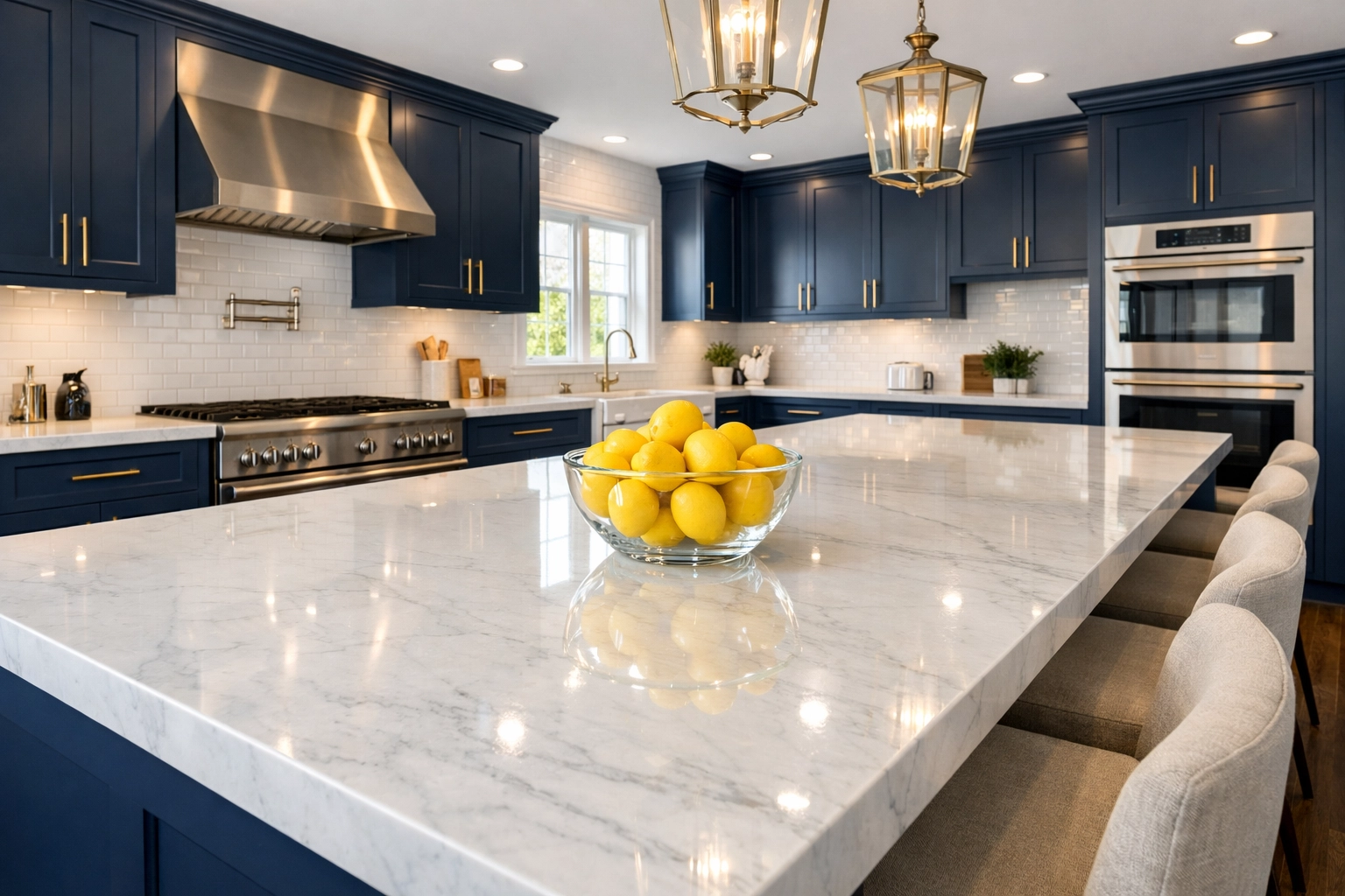 Sparkling clean luxury kitchen island in Shirley MA after a professional house cleaning service.