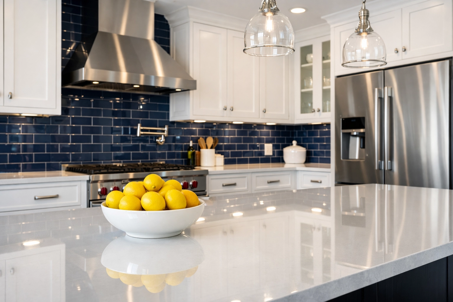 Pristine Boxborough kitchen with white countertops showing the results of professional MetroWest deep cleaning services.