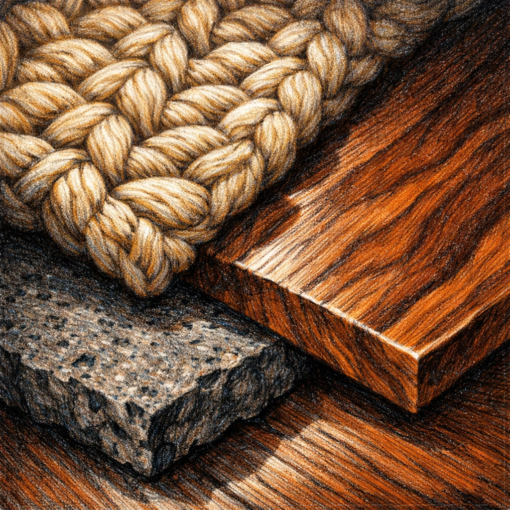 Close-up of interior design materials including 3D-knitted fabric, volcanic stone, and polished walnut wood.