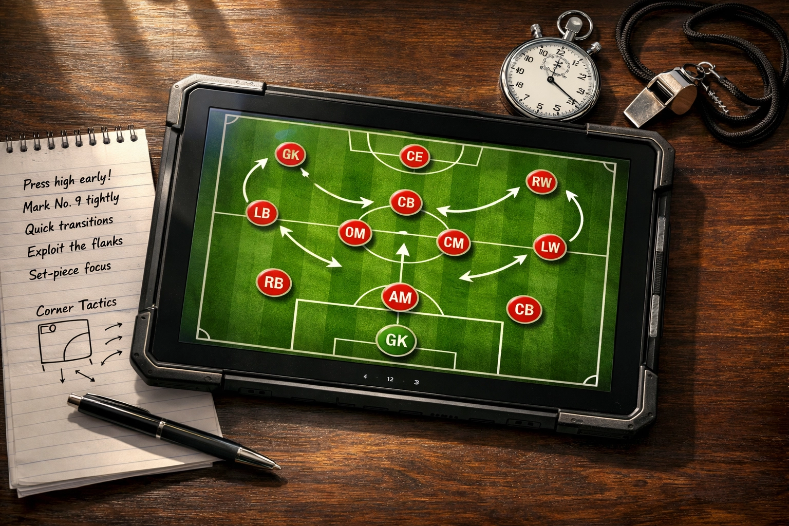 Football tactical board with formation diagrams and coaching notes for betting strategy