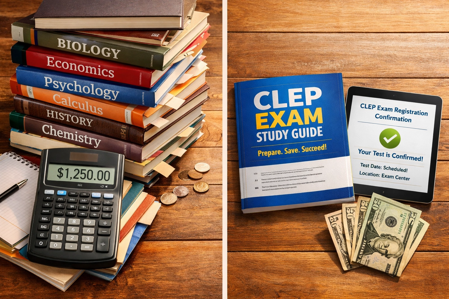 Cost comparison showing CLEP exam savings versus traditional college tuition expenses (1x1, center safe zone)