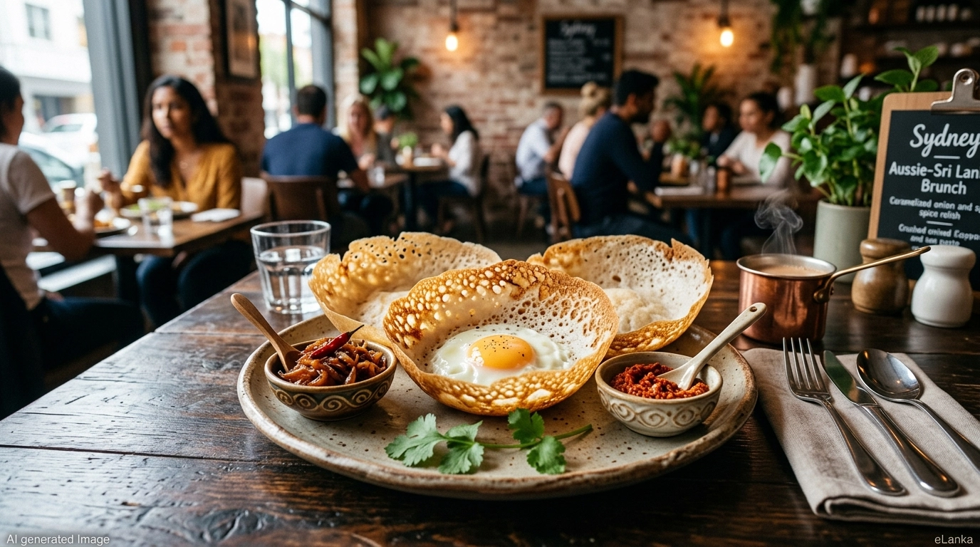 High-quality AI-generated image of Sri Lankan hoppers served in a Sydney-style restaurant setting with sambols, branded with 'AI generated Image' and 'eLanka'.