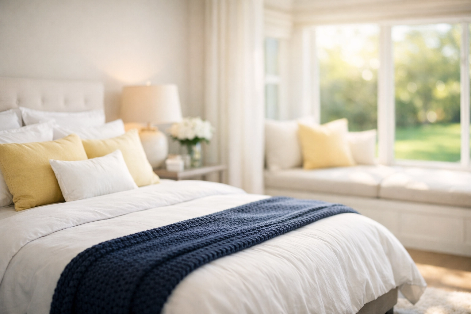 Serene and perfectly staged master bedroom highlighting the results of weekly house cleaning in Shrewsbury.