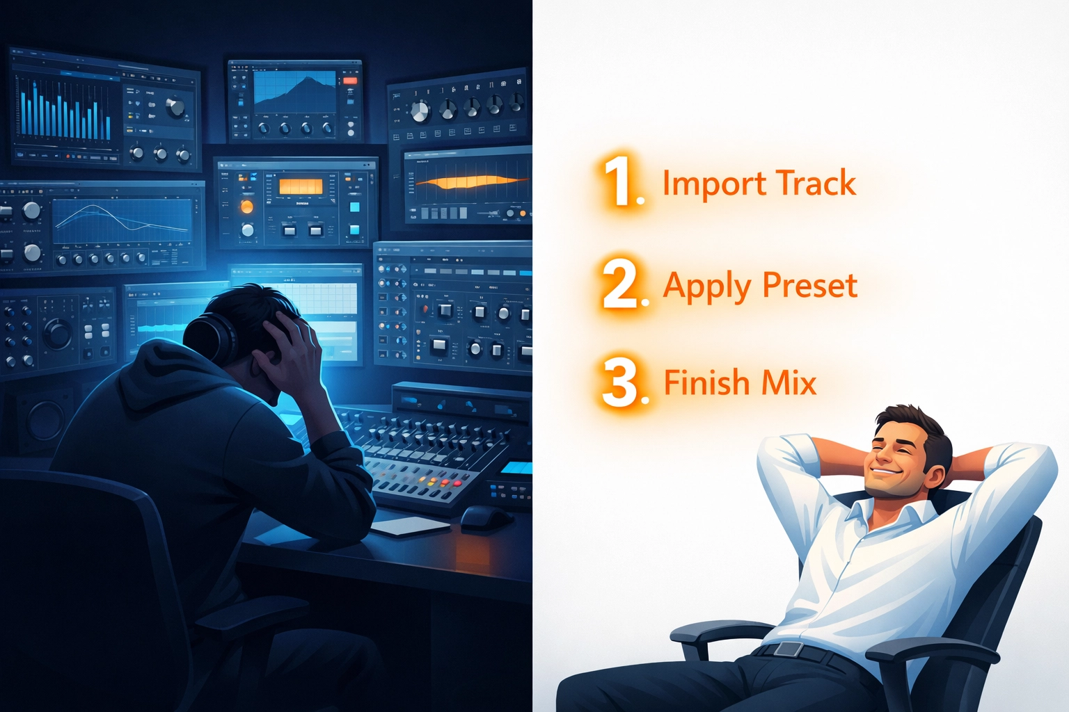 Comparison of complicated traditional mixing versus simple 3-step OSMIX workflow for song mixing