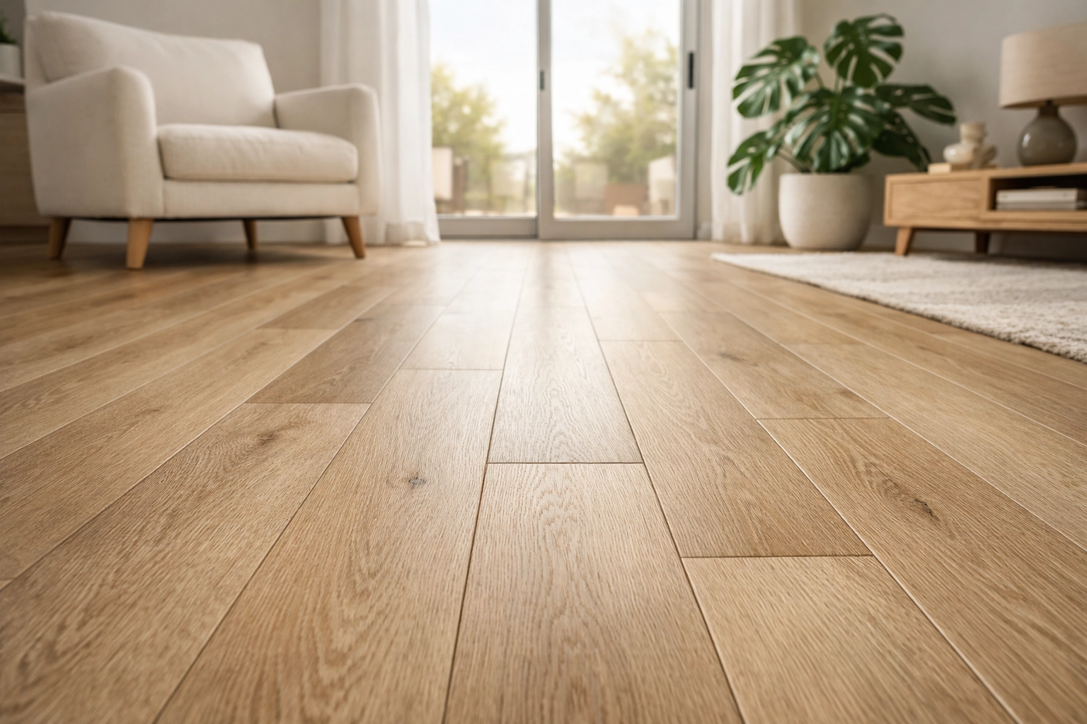 Modern living room with light oak luxury vinyl plank flooring installed in an Orlando home.