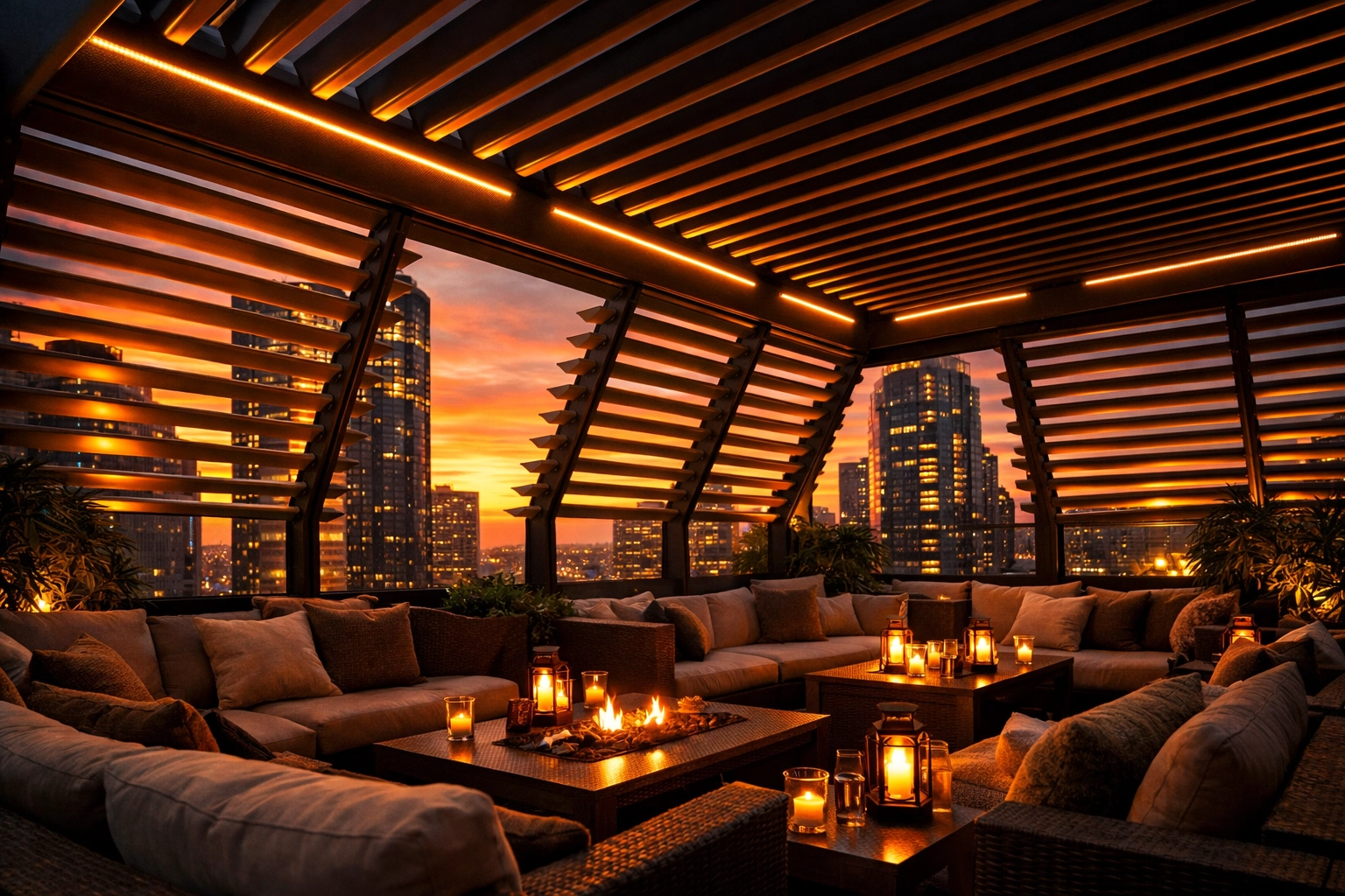 Chic hotel rooftop lounge featuring an aluminum louvre system with integrated LED lighting for evening privacy.