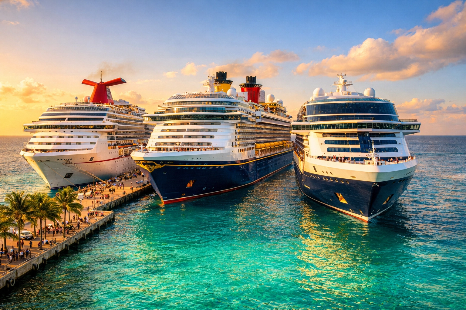 Three cruise ships docked at Caribbean port showing different cruise line styles for first-time cruisers
