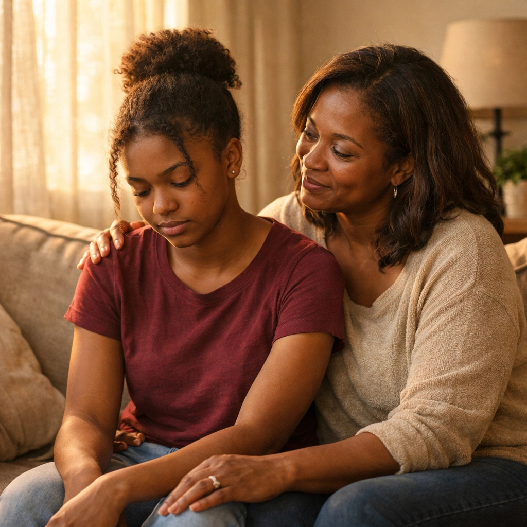Mother offering emotional support to anxious teen daughter on living room couch