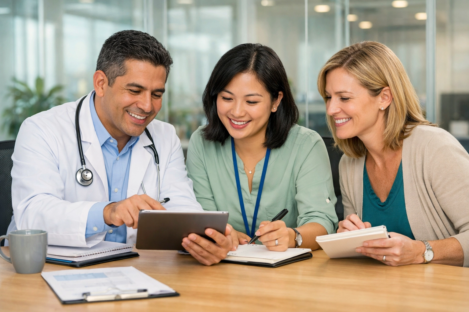 A diverse team of medical professionals coordinating integrated whole-person care for Medicaid clients.