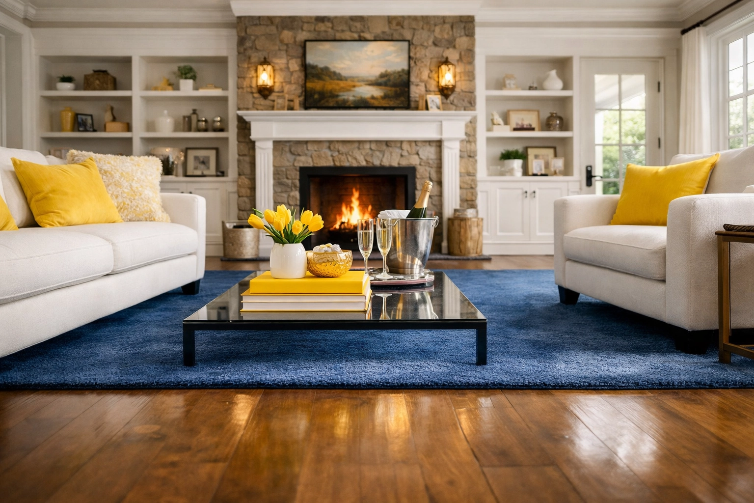 Spotless high-end living room in Hudson after expert post construction cleaning and debris removal.