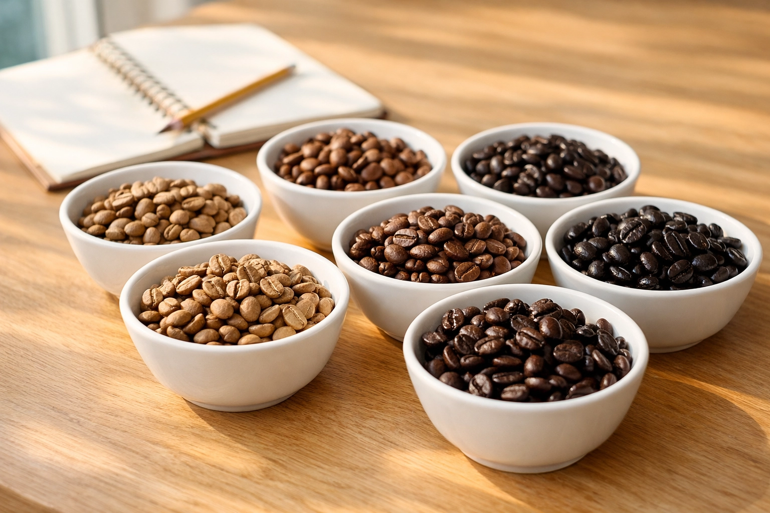 Different coffee roast levels displayed in cupping bowls showing light to dark roasts
