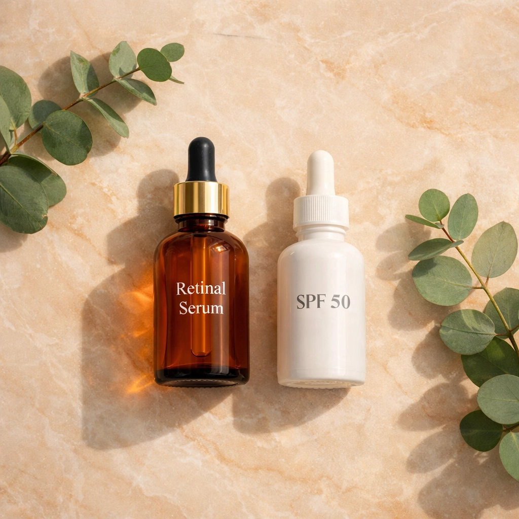 Retinal serum and SPF cream bottles for anti-aging skincare routine
