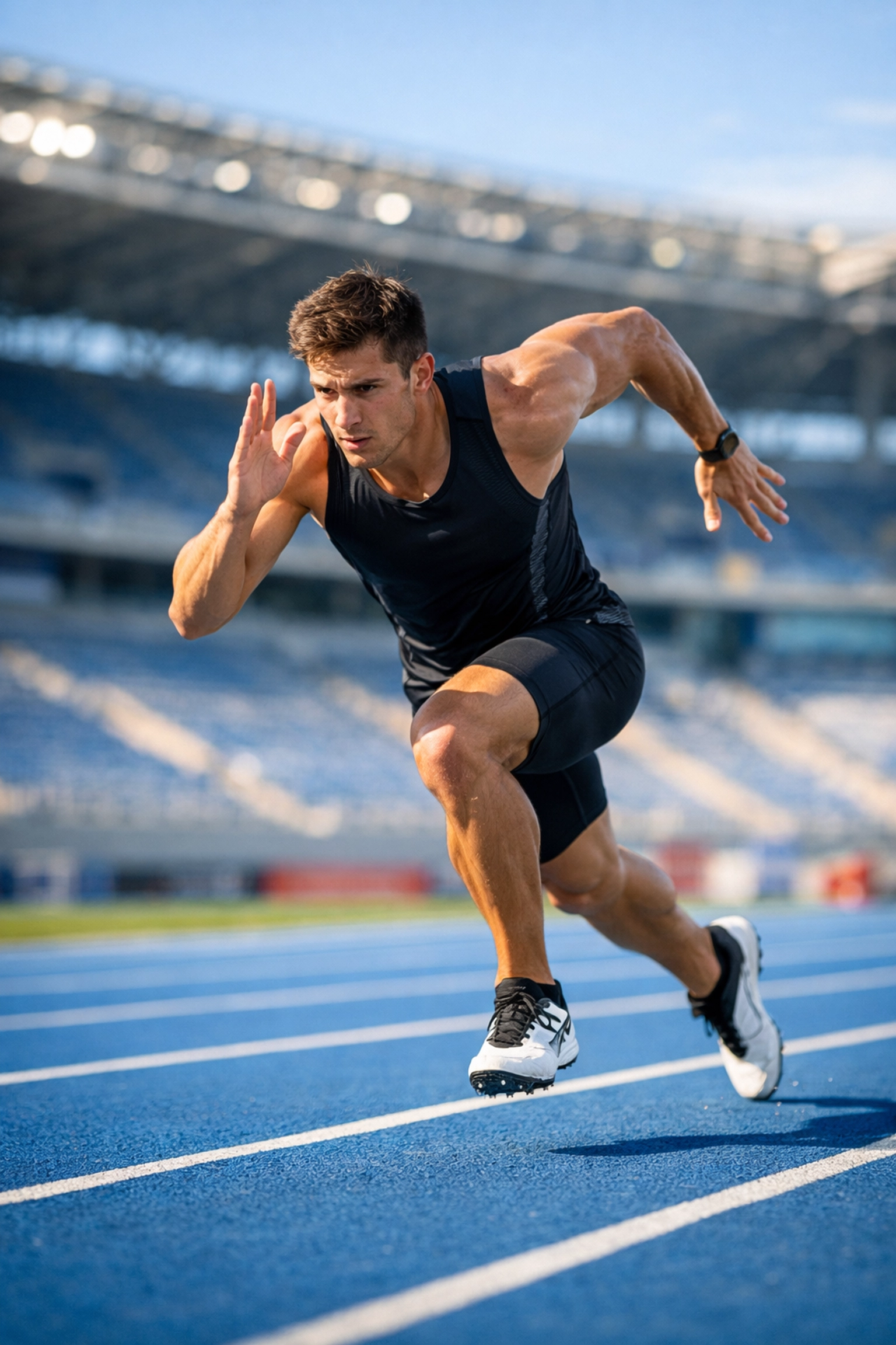 Professional college athlete sprinting in a stadium, highlighting NIL opportunities for brand engagement.