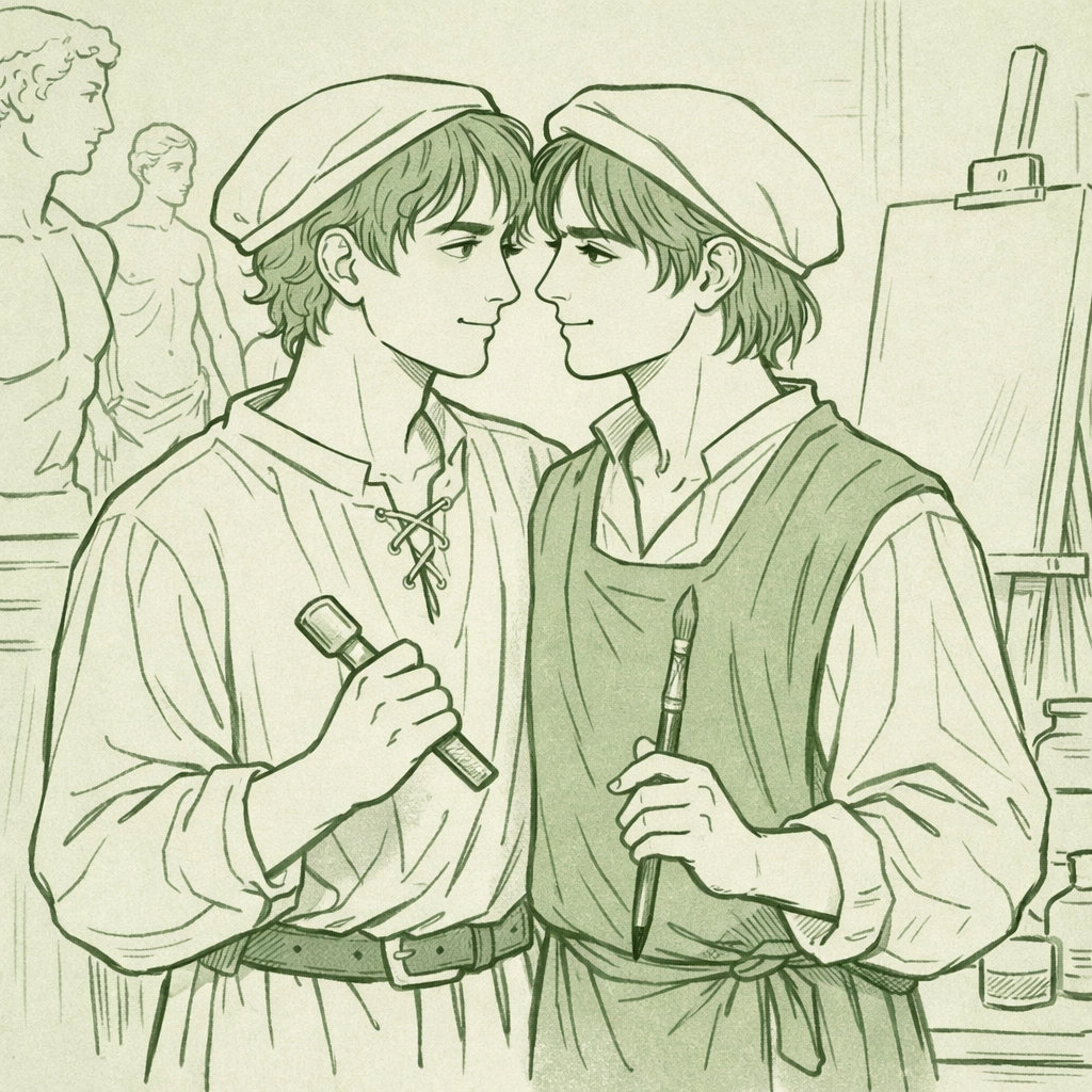 Two men in Renaissance artist workshop sharing intimate moment - MM historical romance Florence setting