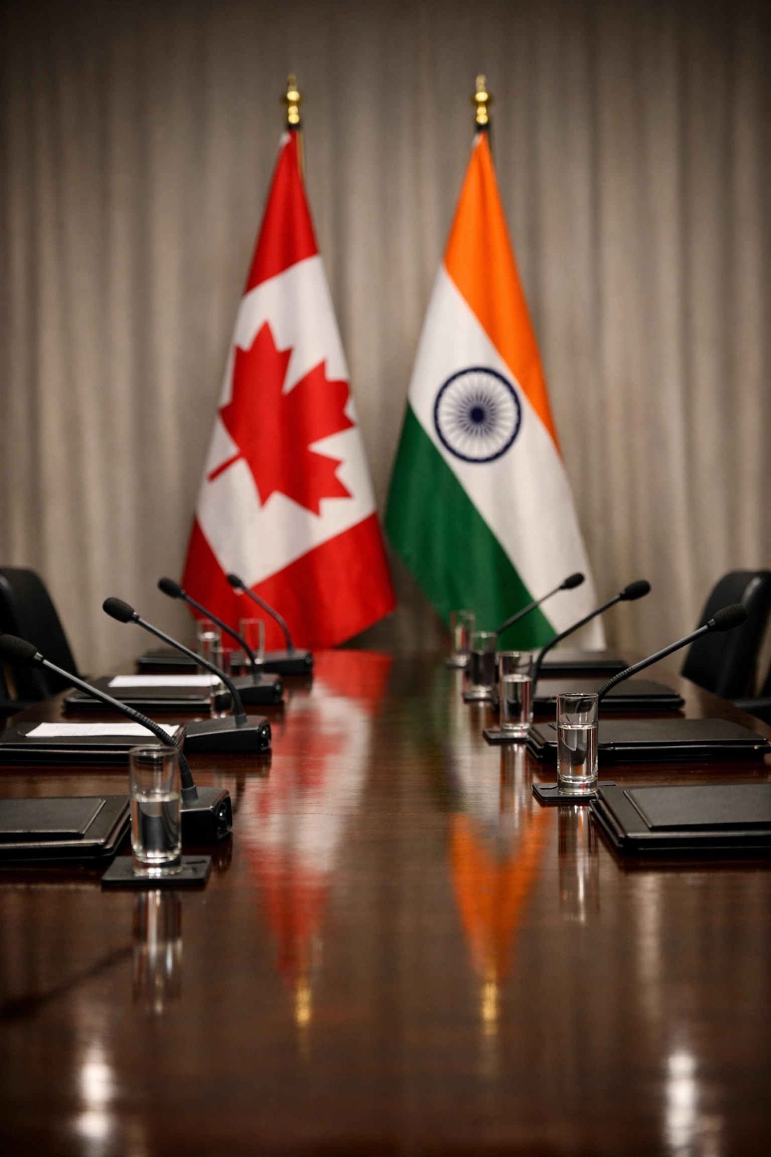 Formal diplomatic conference room in New Delhi with Canadian and Indian flags ready for trade negotiations.