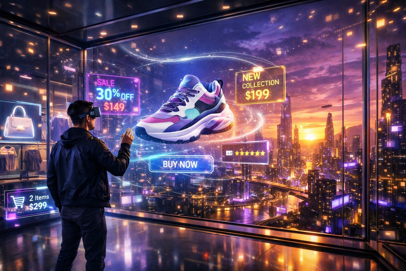 A shopper interacting with an AI-powered metaverse storefront for seamless Web3 crypto payments.