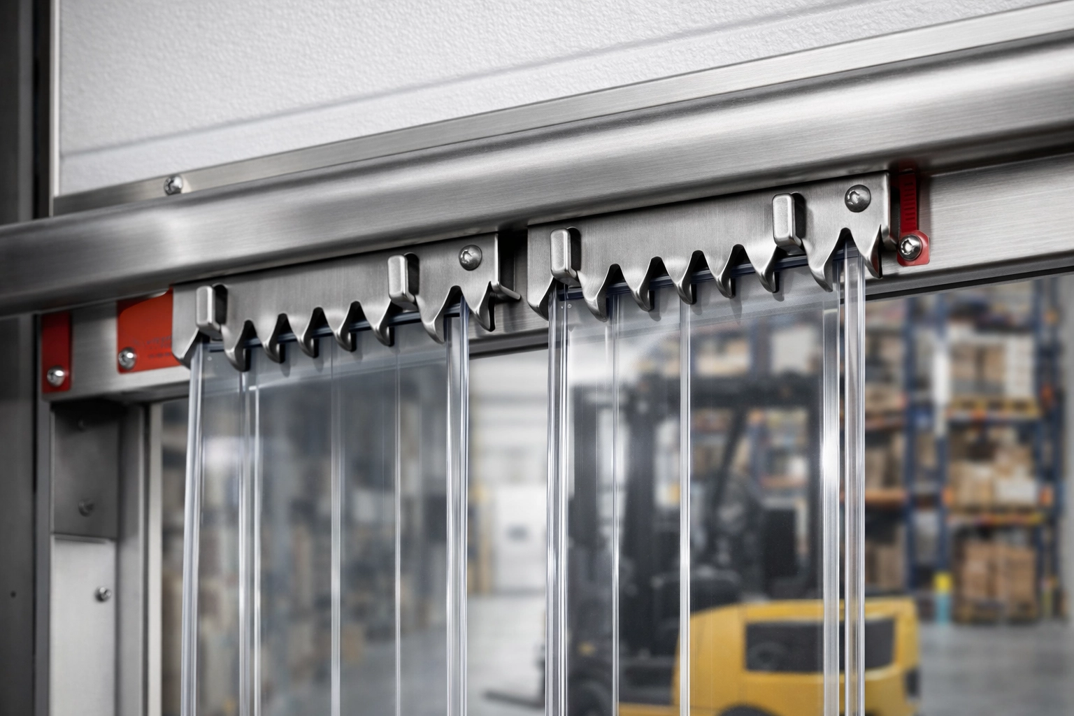 Close-up of a heavy-duty stainless steel hook-on system and thick clear PVC strips installed in a warehouse doorway.